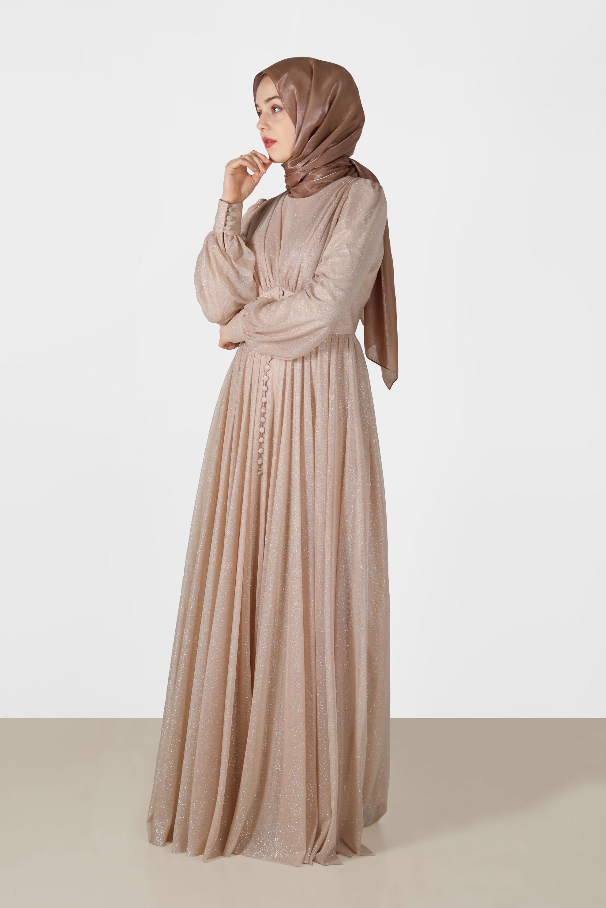 Tesettür giyim ALTIN DÜĞME DETAYLI SİMLİ TÜL ABİYE ELBİSE 50119	