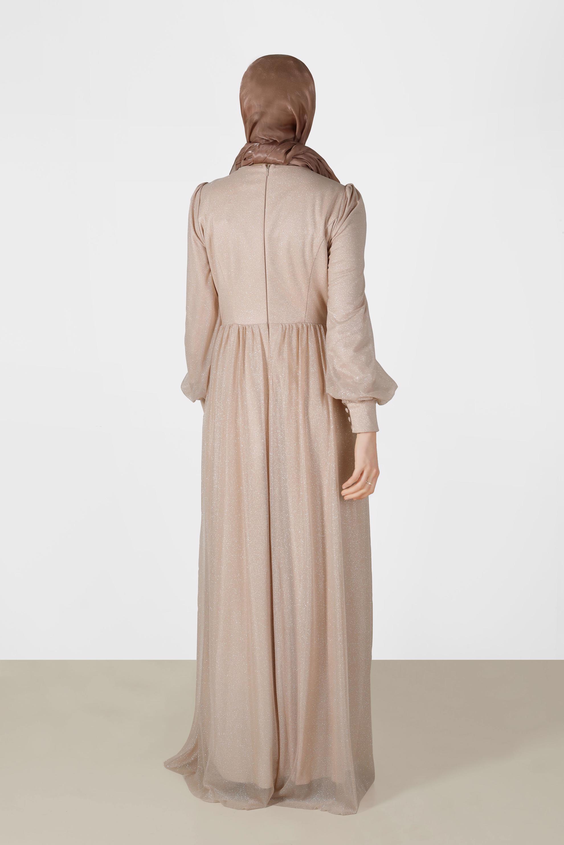 Tesettür giyim ALTIN DÜĞME DETAYLI SİMLİ TÜL ABİYE ELBİSE 50119	