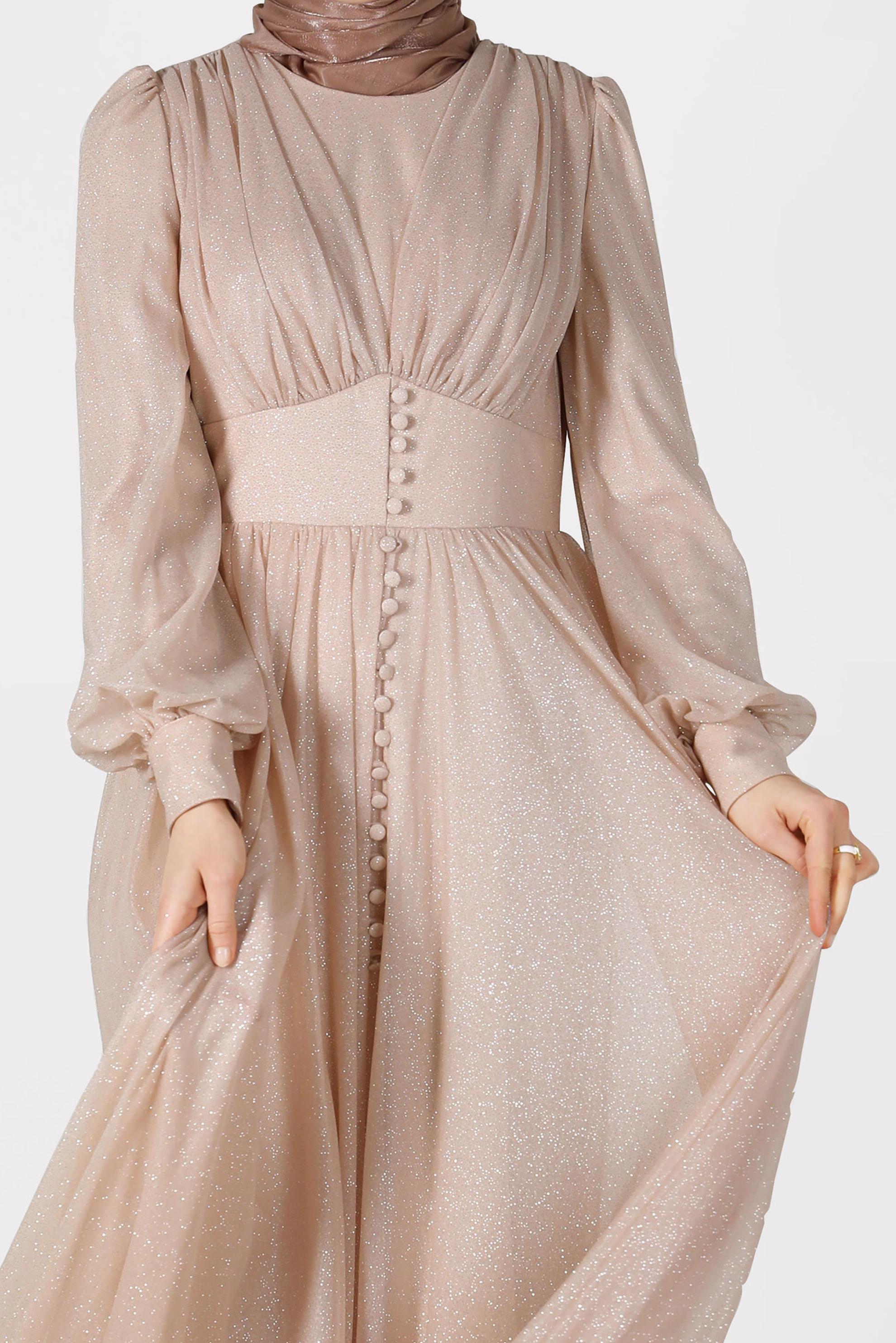 Tesettür giyim ALTIN DÜĞME DETAYLI SİMLİ TÜL ABİYE ELBİSE 50119	