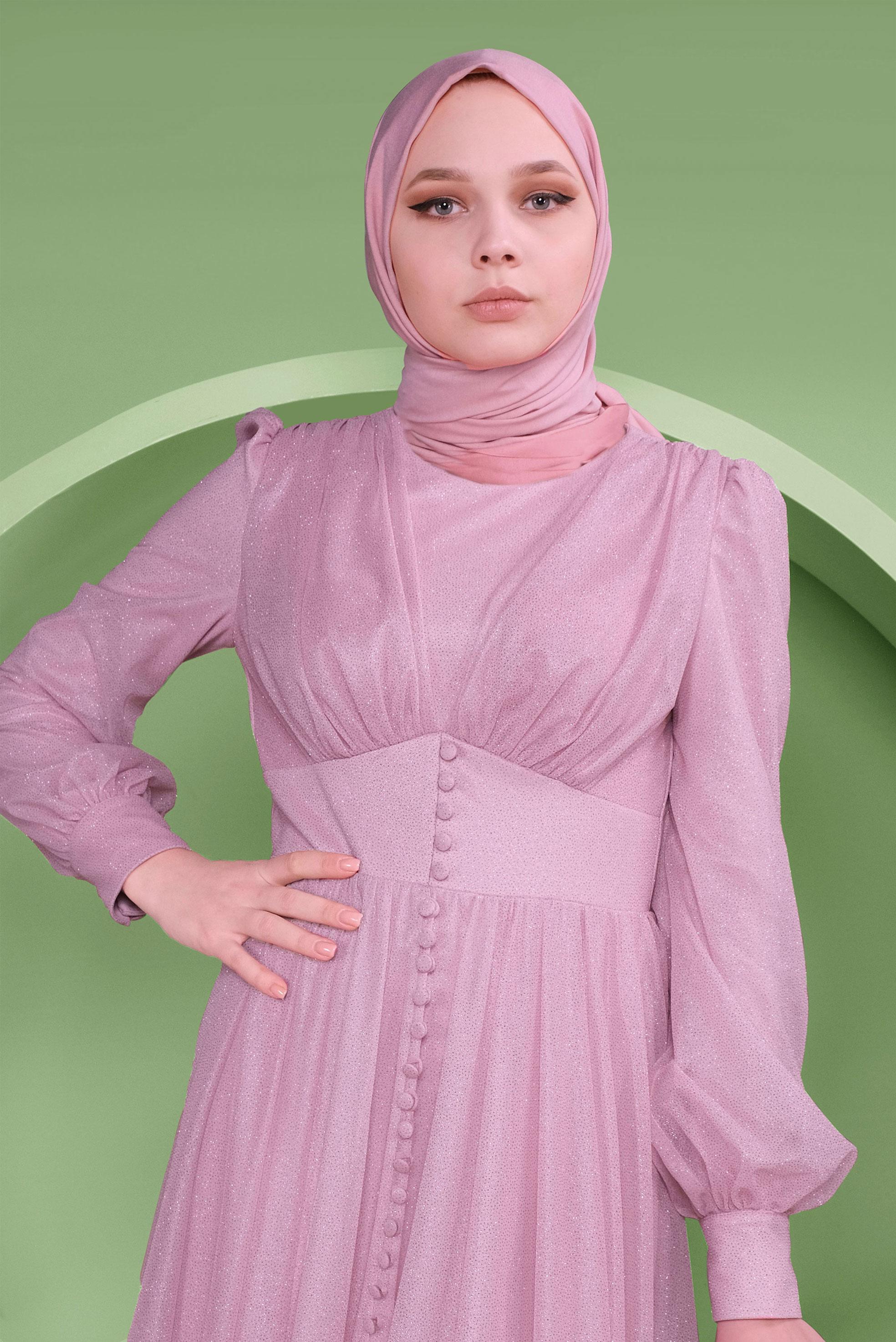 Tesettür giyim PEMBE DÜĞME DETAYLI SİMLİ TÜL ABİYE ELBİSE 50119	
