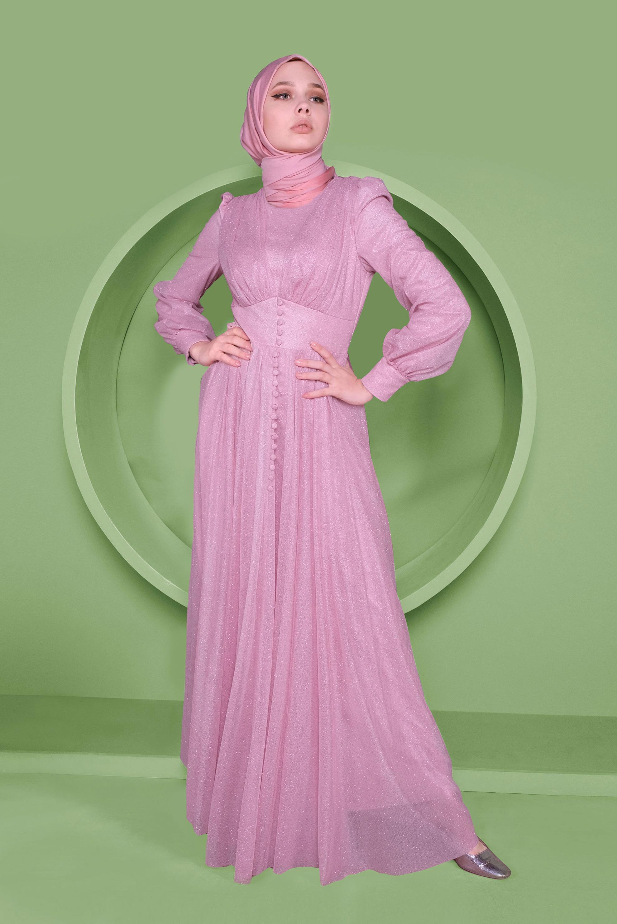 Tesettür giyim PEMBE DÜĞME DETAYLI SİMLİ TÜL ABİYE ELBİSE 50119	