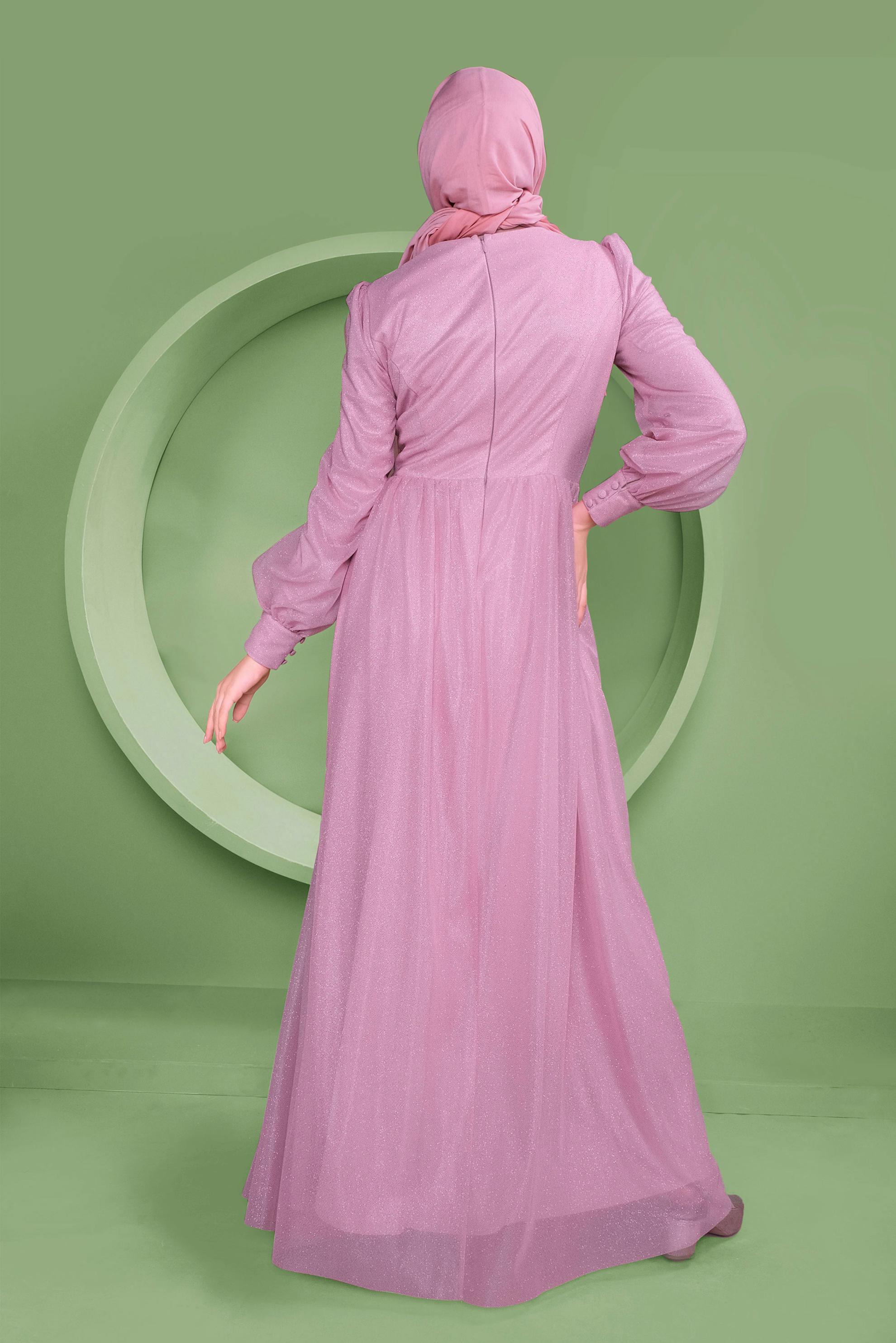 Tesettür giyim PEMBE DÜĞME DETAYLI SİMLİ TÜL ABİYE ELBİSE 50119	