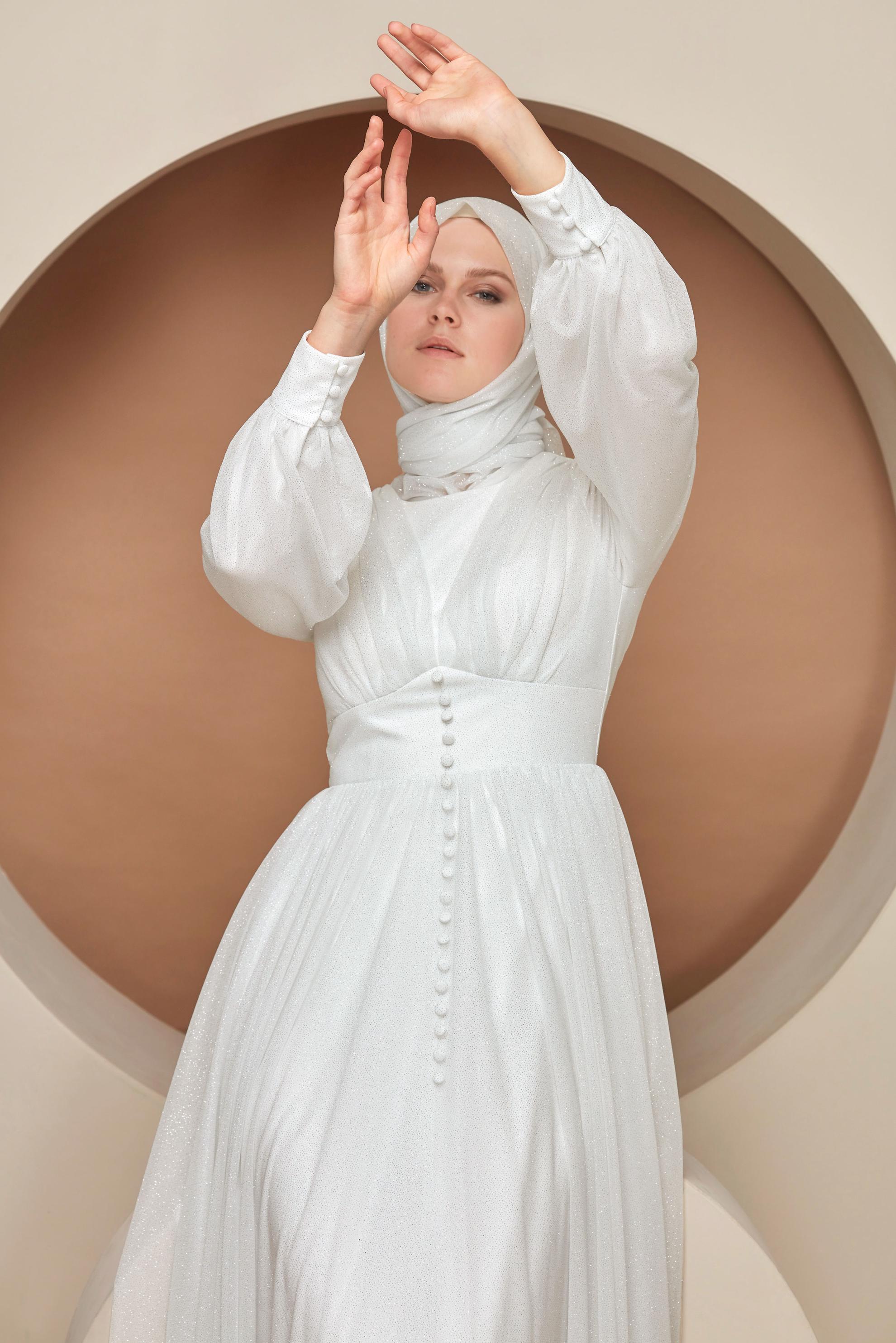 Hijab clothing WHITE BUTTON DETAIL SILVERY TULLE EVENING DRESS 50119 