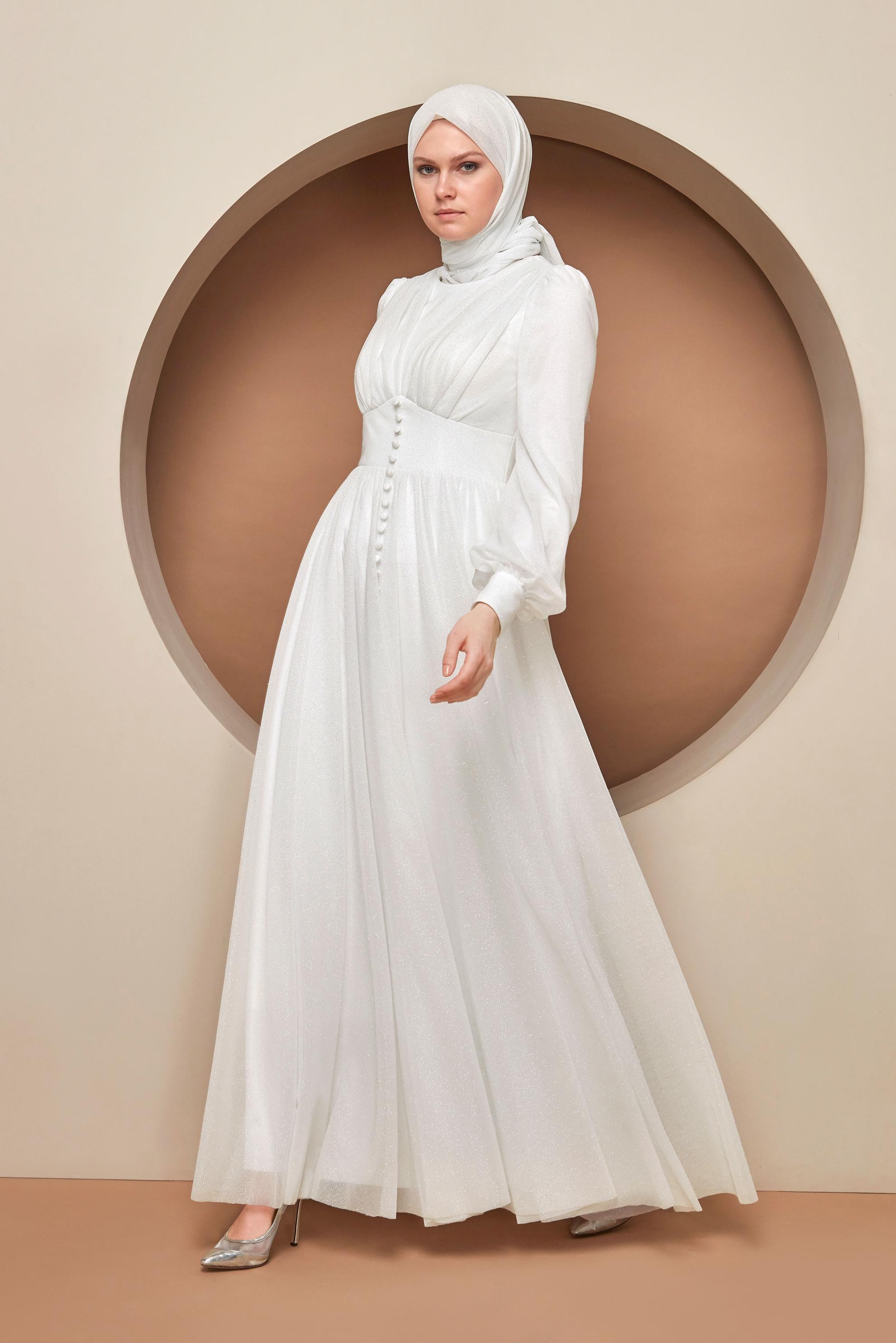 Hijab clothing WHITE BUTTON DETAIL SILVERY TULLE EVENING DRESS 50119 