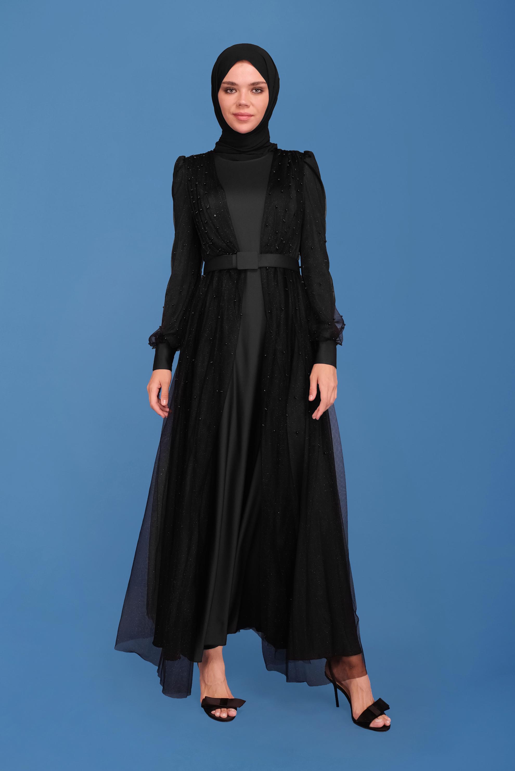 Hijab clothing BLACK SATIN EVENING DRESS 50120 