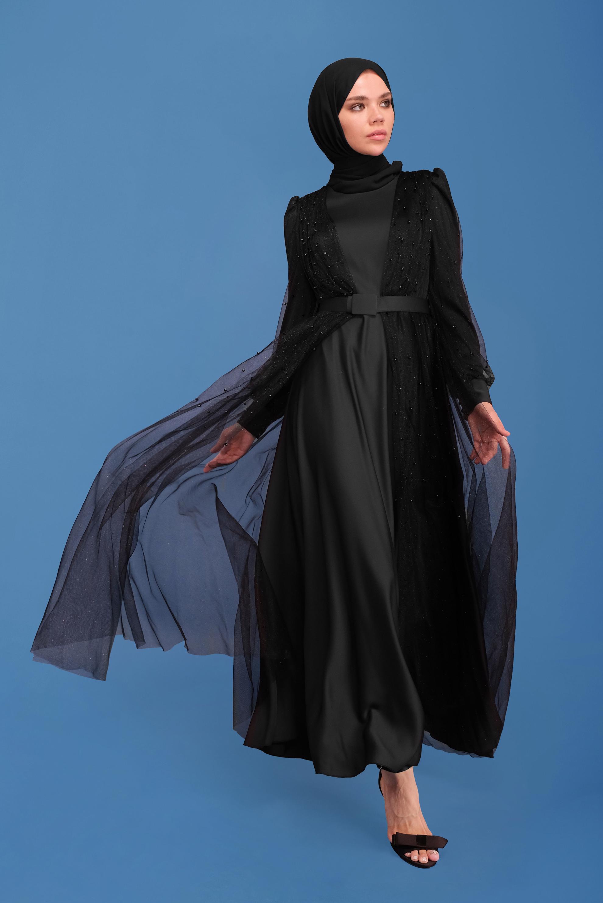 Hijab clothing BLACK SATIN EVENING DRESS 50120 