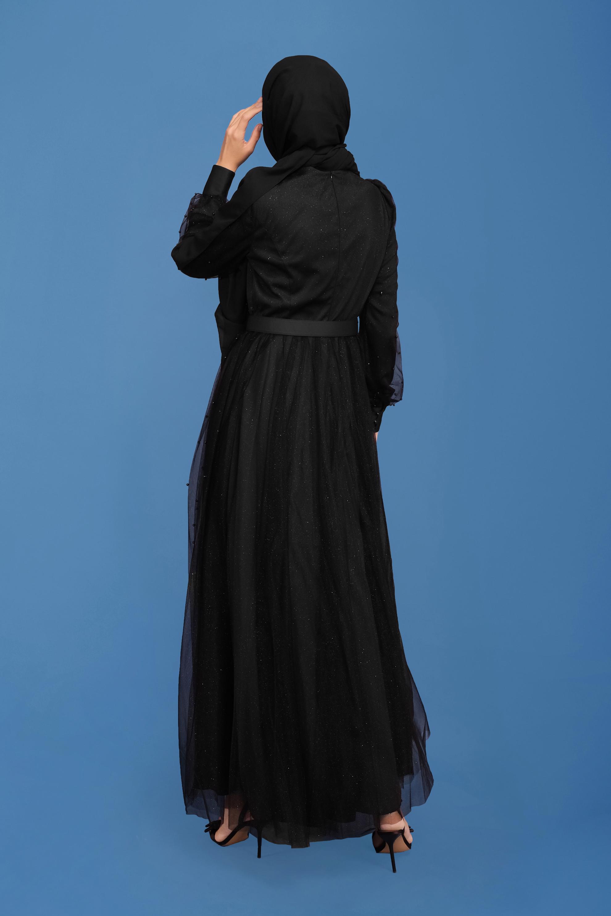 Hijab clothing BLACK SATIN EVENING DRESS 50120 