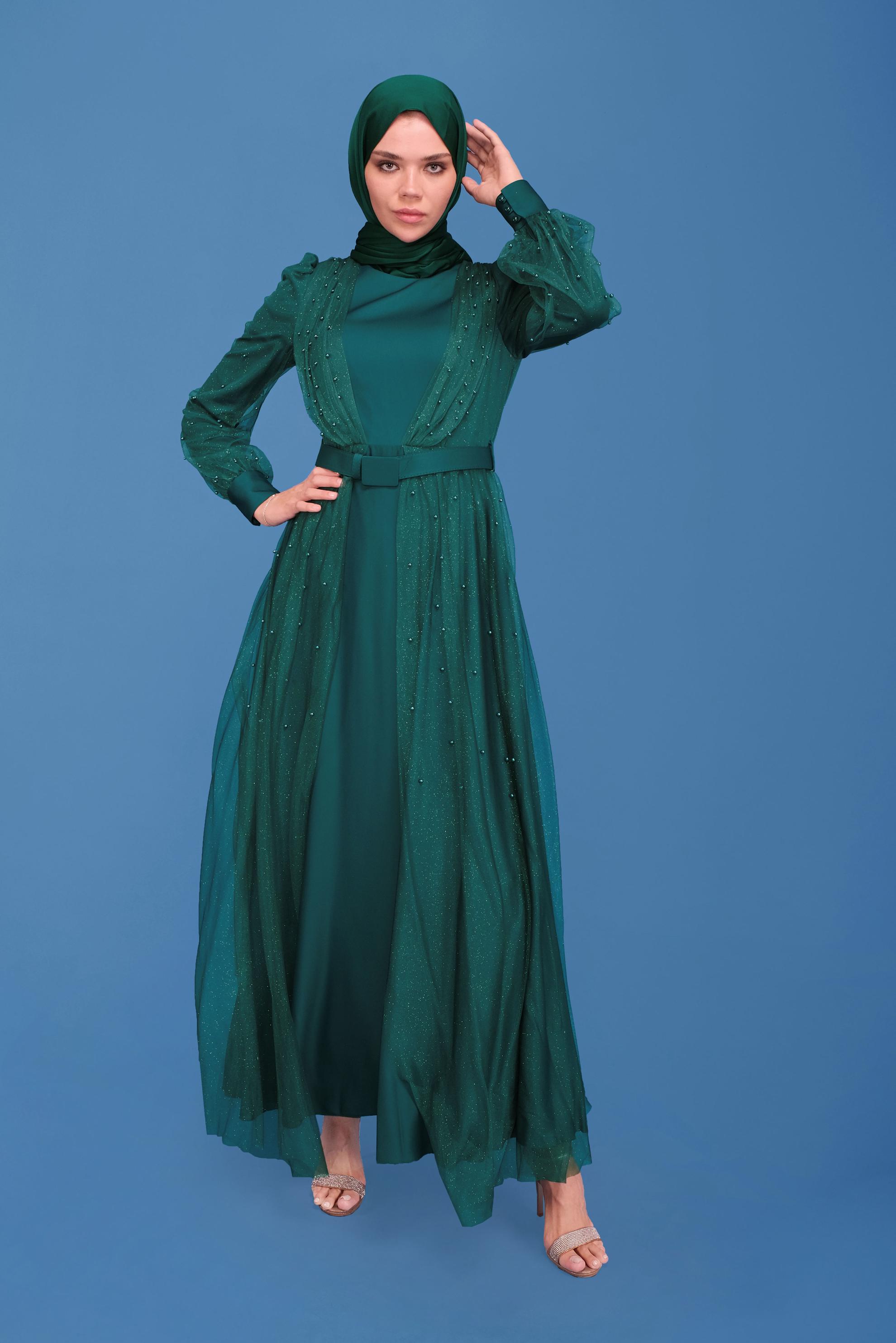 Hijab clothing GREEN SATIN EVENING DRESS 50120 