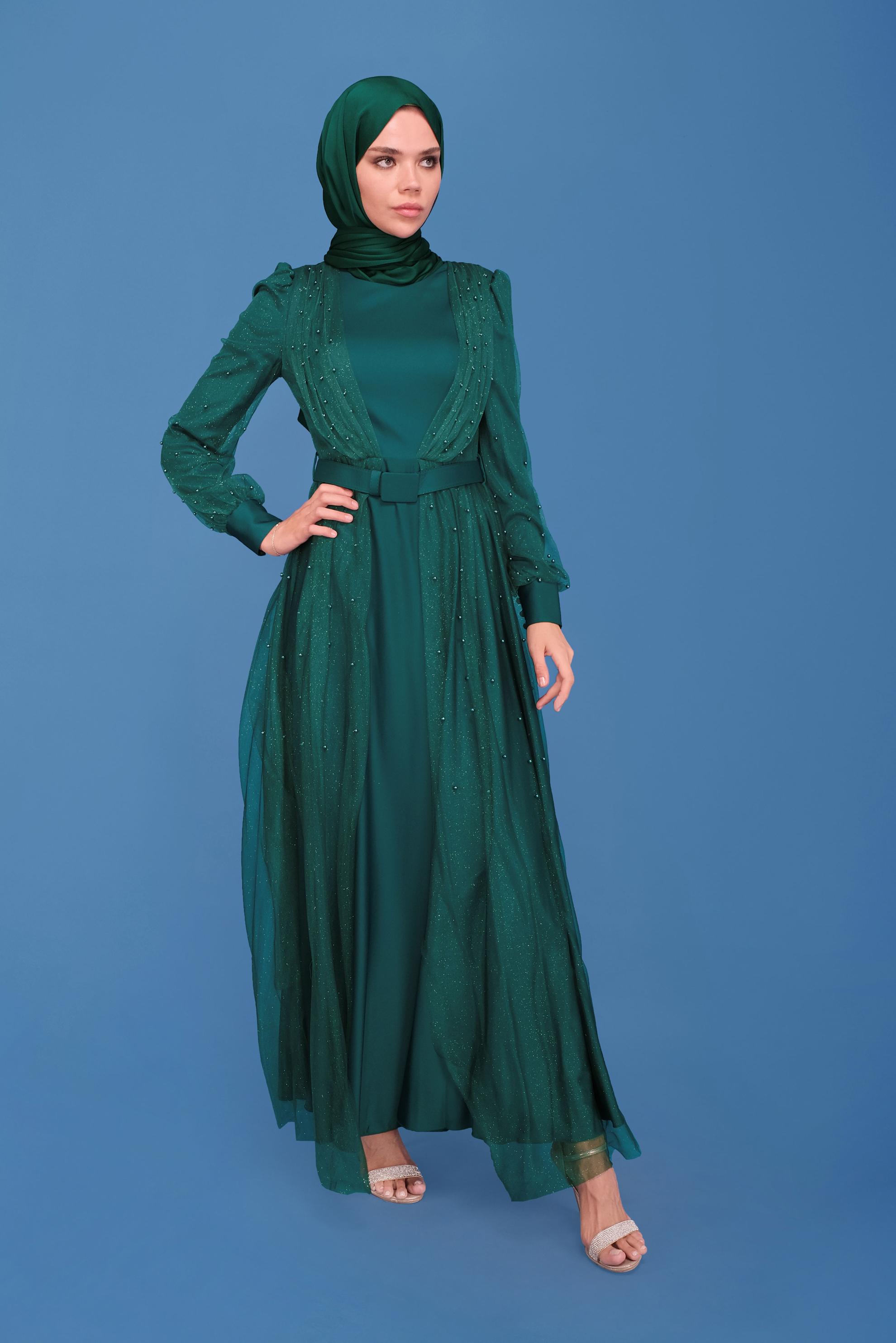 Hijab clothing GREEN SATIN EVENING DRESS 50120 