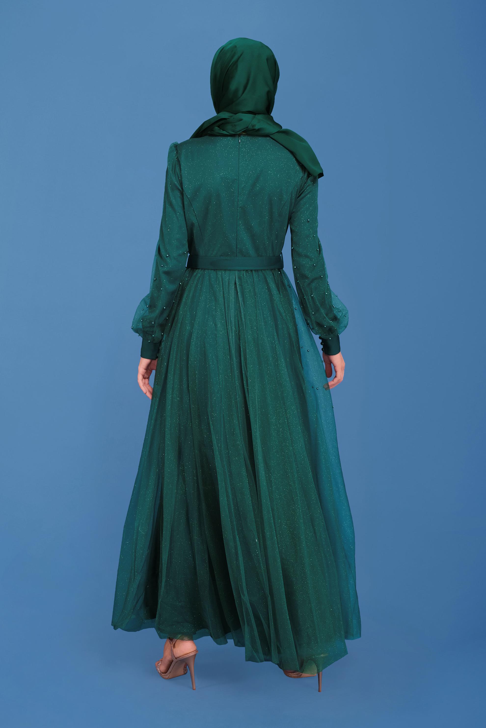 Hijab clothing GREEN SATIN EVENING DRESS 50120 