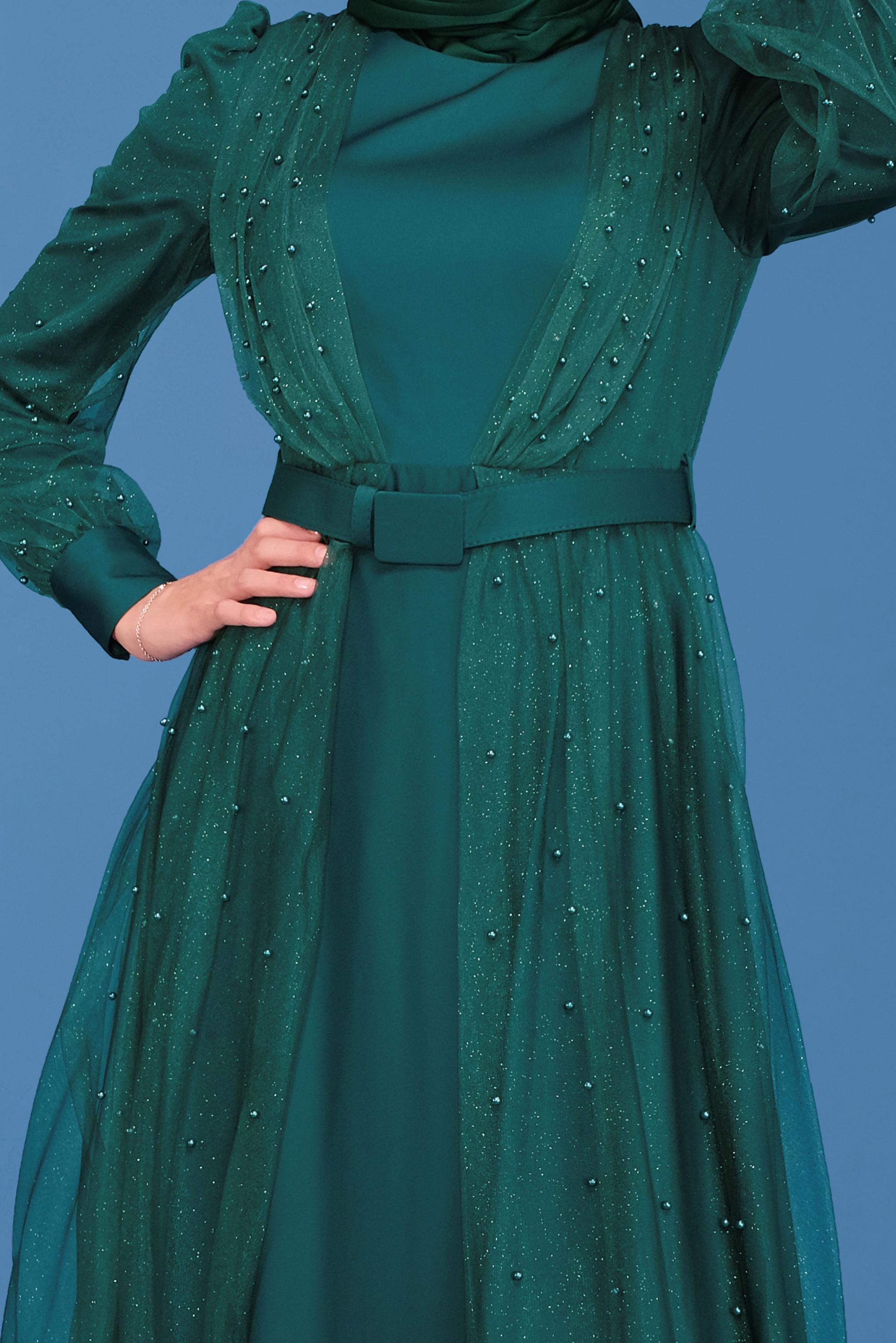 Hijab clothing GREEN SATIN EVENING DRESS 50120 