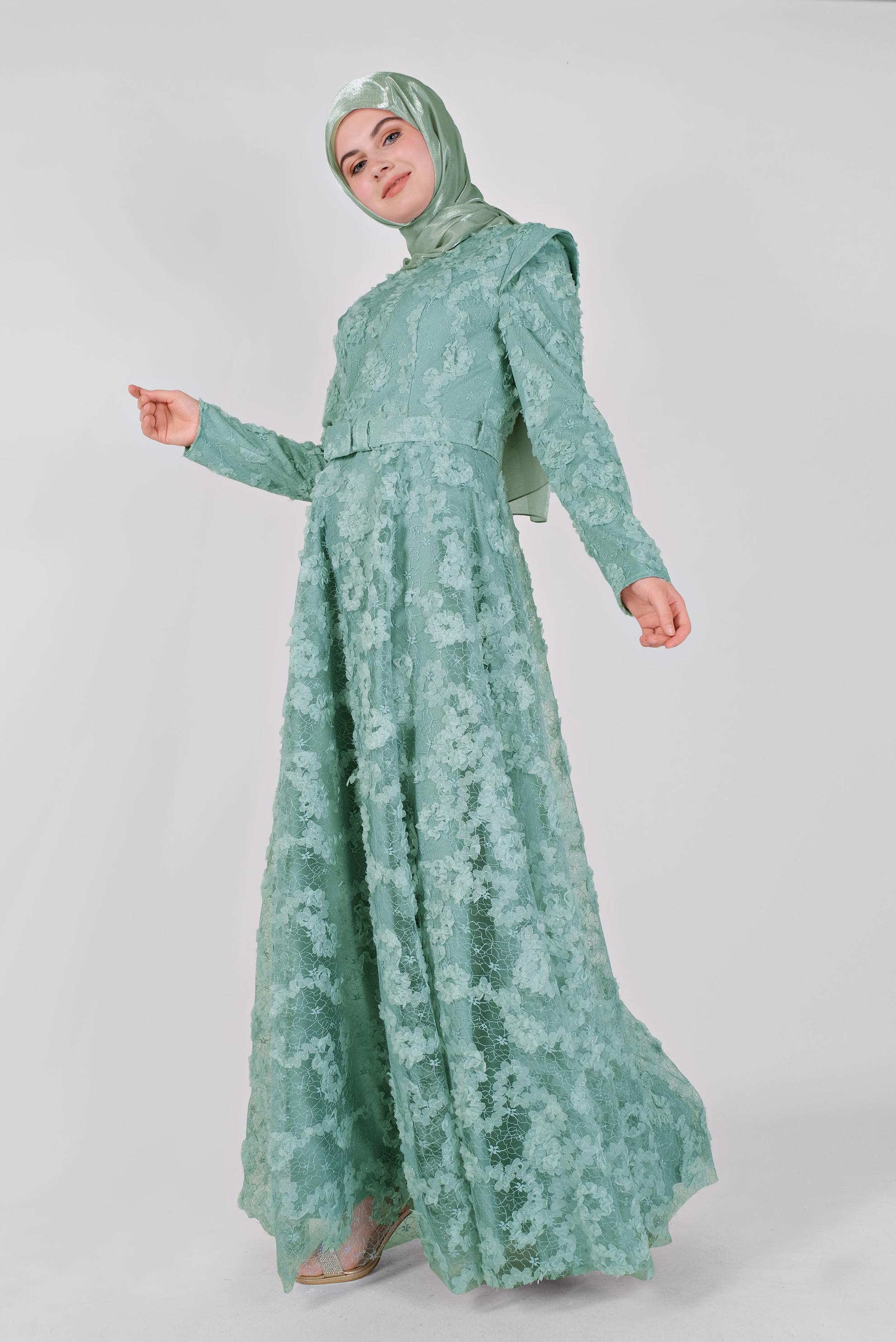 Hijab clothing BLUE BELTED LACE DETAIL EVENING DRESS 50121