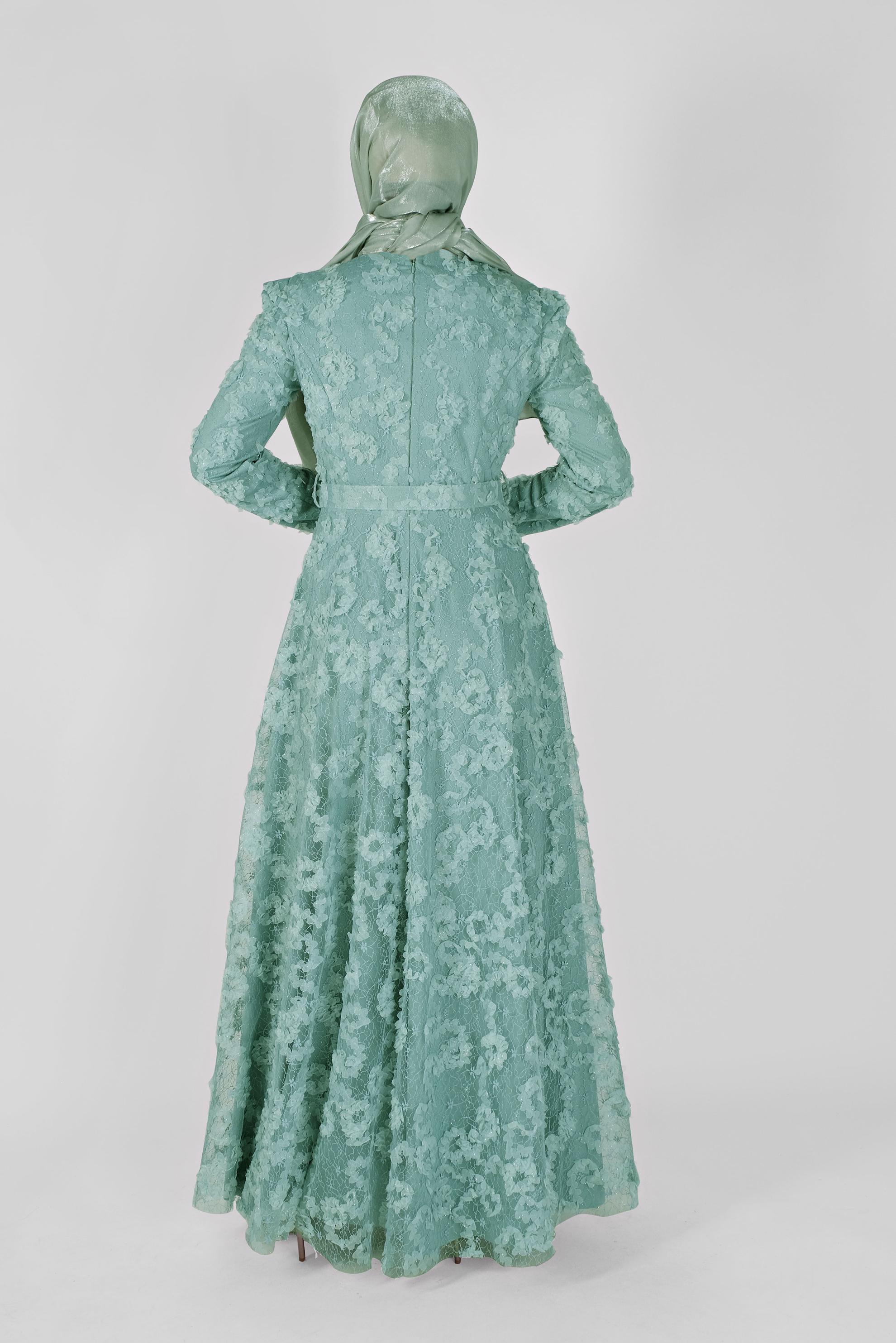 Hijab clothing BLUE BELTED LACE DETAIL EVENING DRESS 50121