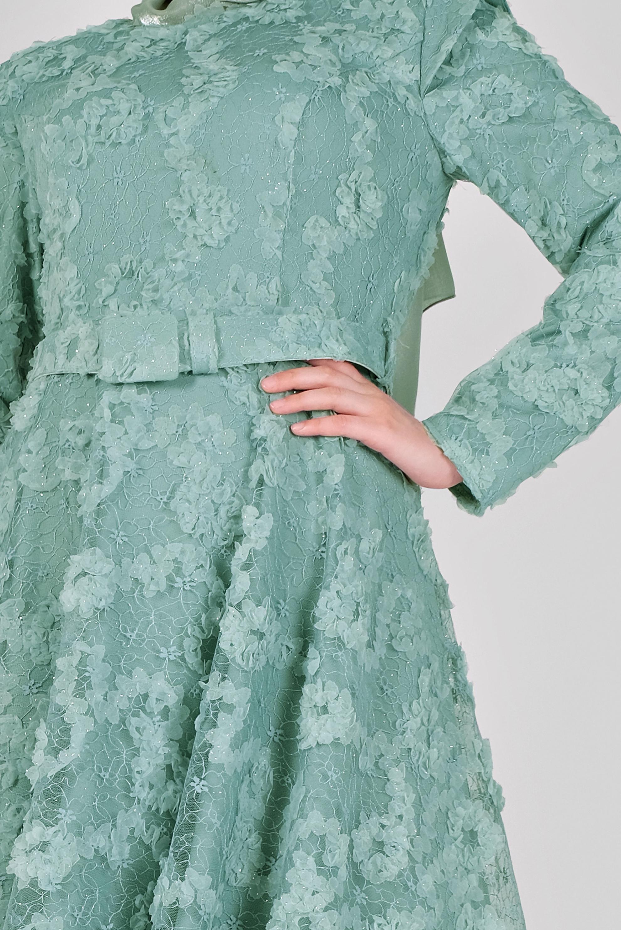 Hijab clothing BLUE BELTED LACE DETAIL EVENING DRESS 50121