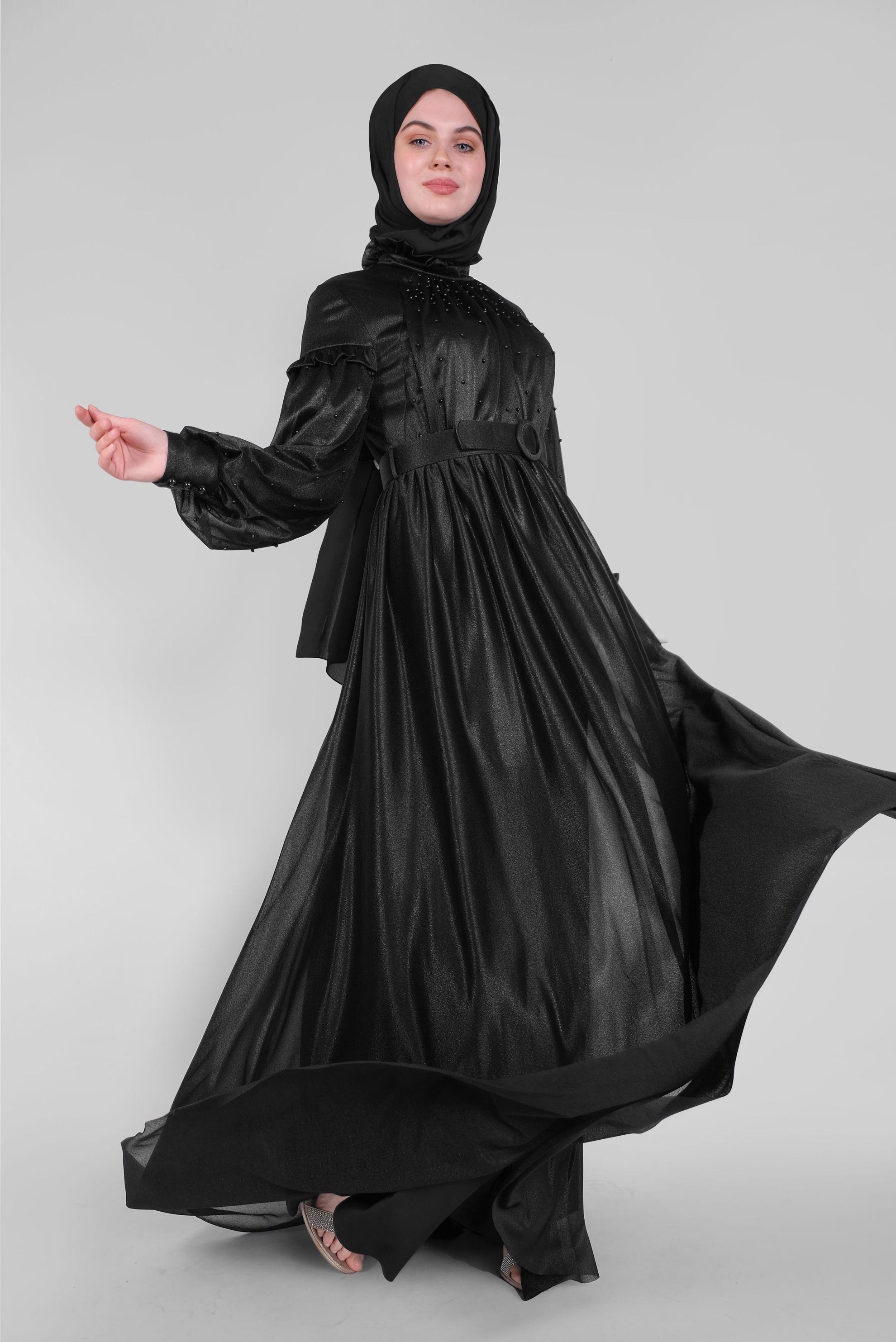 Hijab clothing BLACK PEARL DETAIL RUFFLED EVENING DRESS 50122 