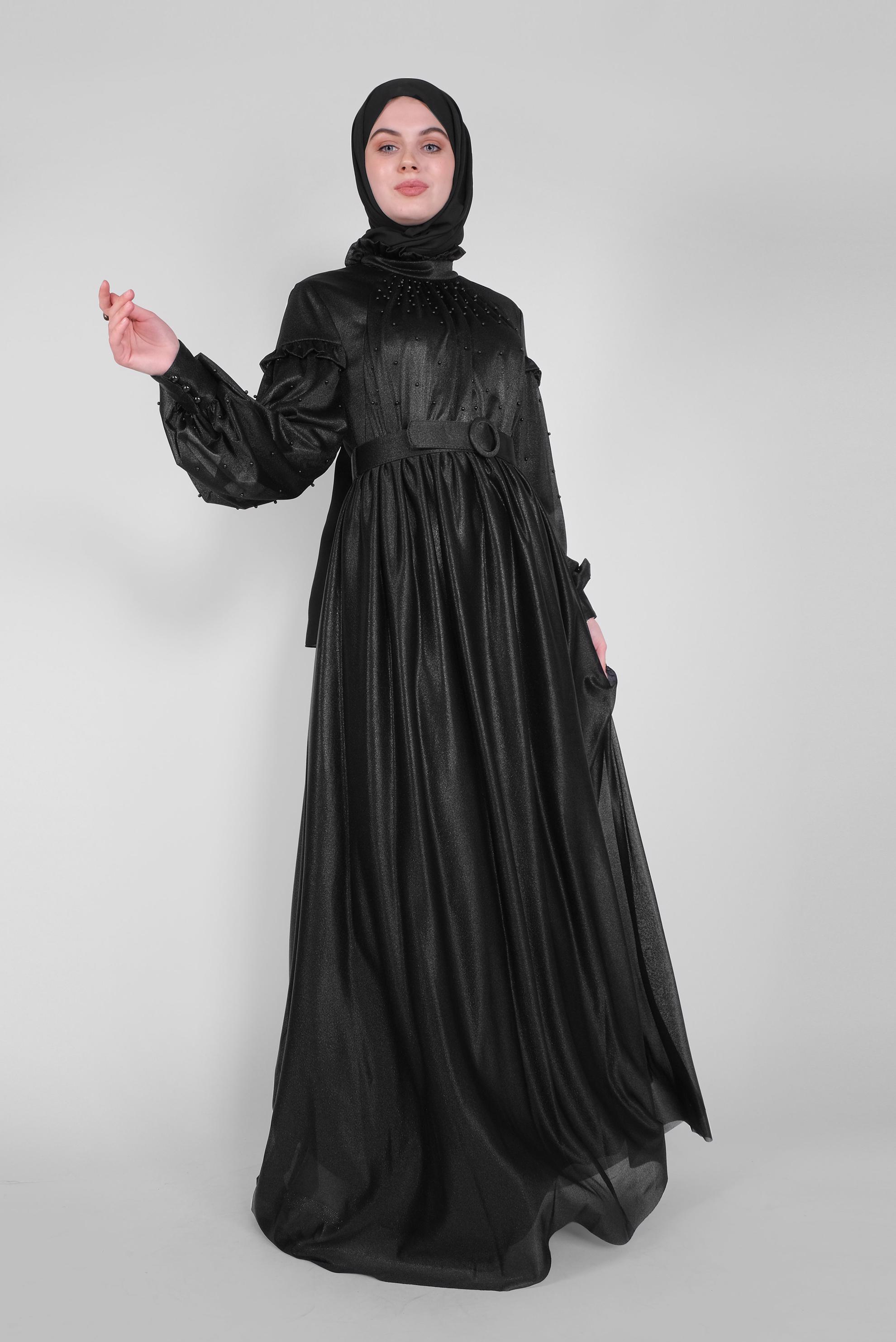 Hijab clothing BLACK PEARL DETAIL RUFFLED EVENING DRESS 50122 