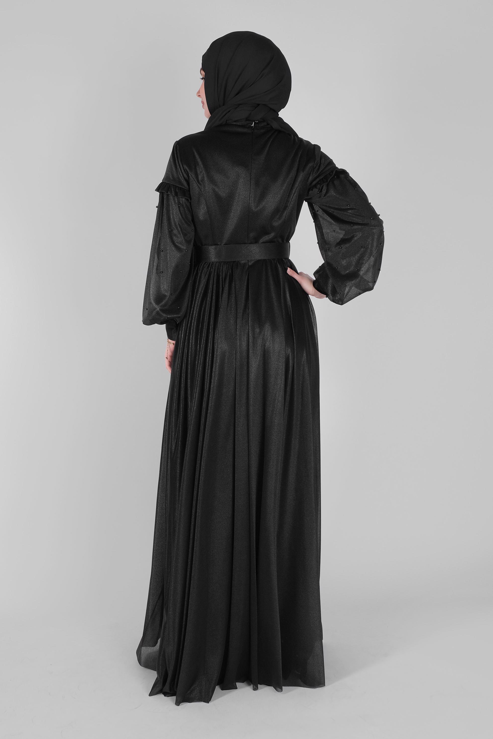 Hijab clothing BLACK PEARL DETAIL RUFFLED EVENING DRESS 50122 