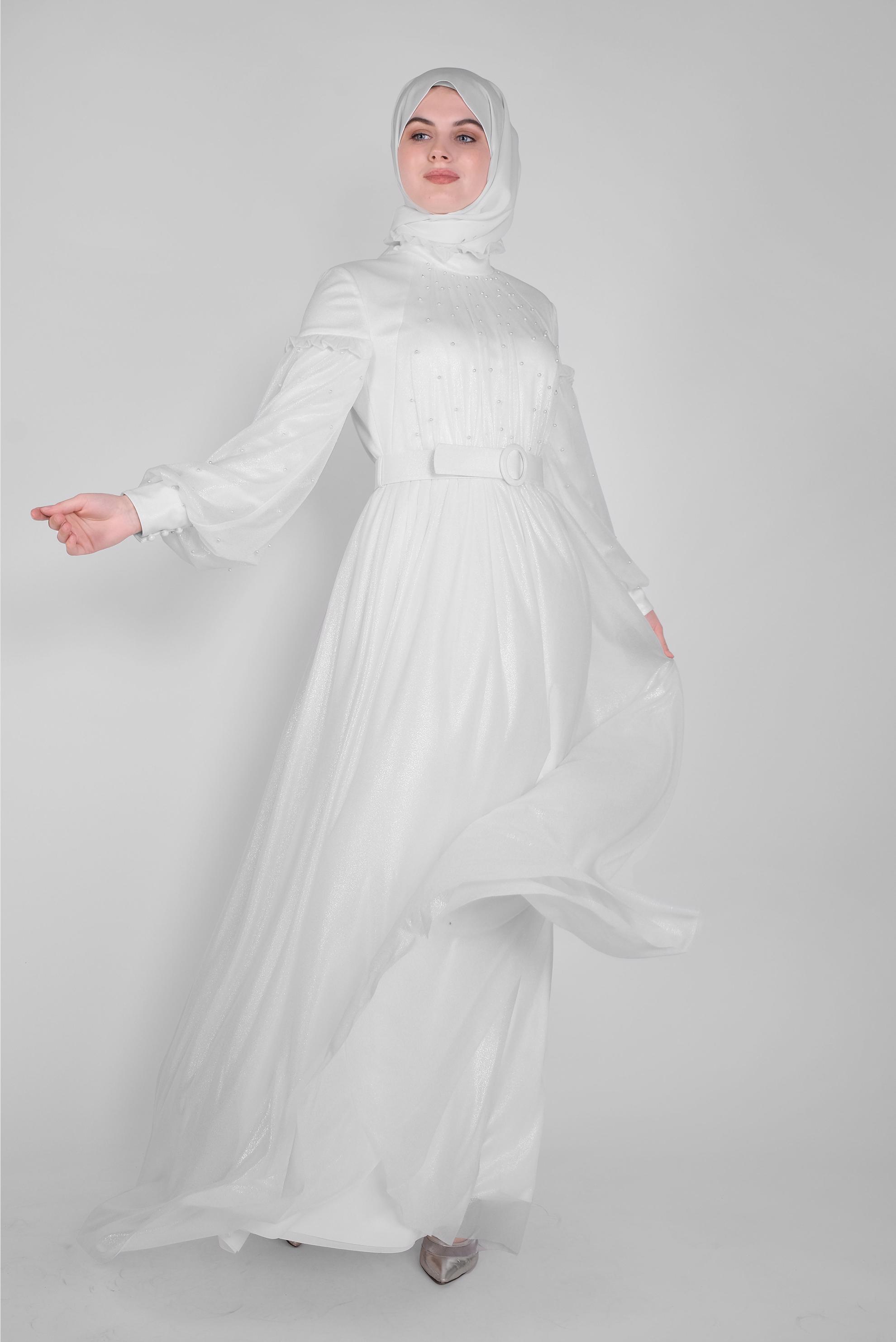 Hijab clothing WHITE PEARL DETAIL RUFFLED EVENING DRESS 50122 