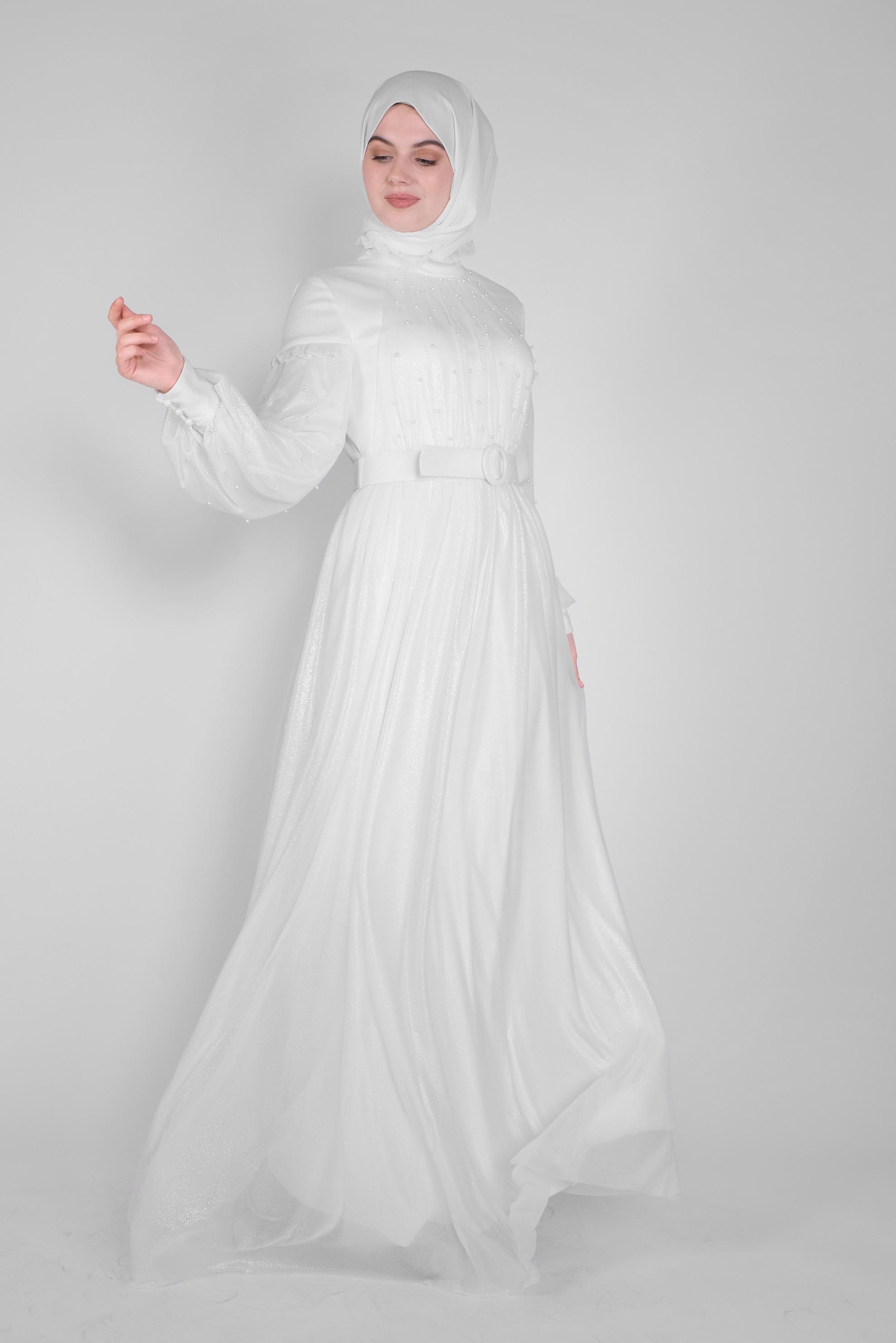 Hijab clothing WHITE PEARL DETAIL RUFFLED EVENING DRESS 50122 