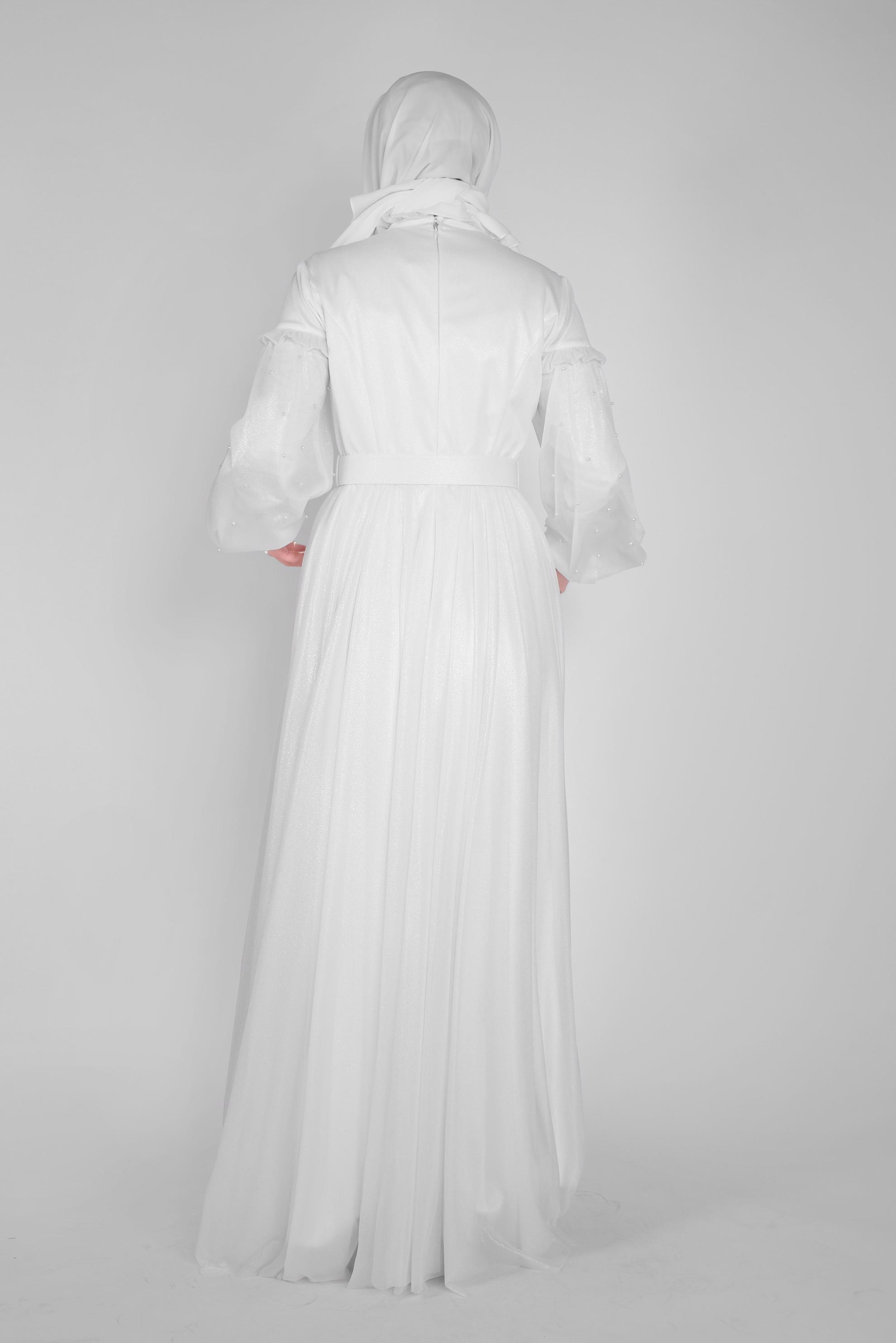 Hijab clothing WHITE PEARL DETAIL RUFFLED EVENING DRESS 50122 