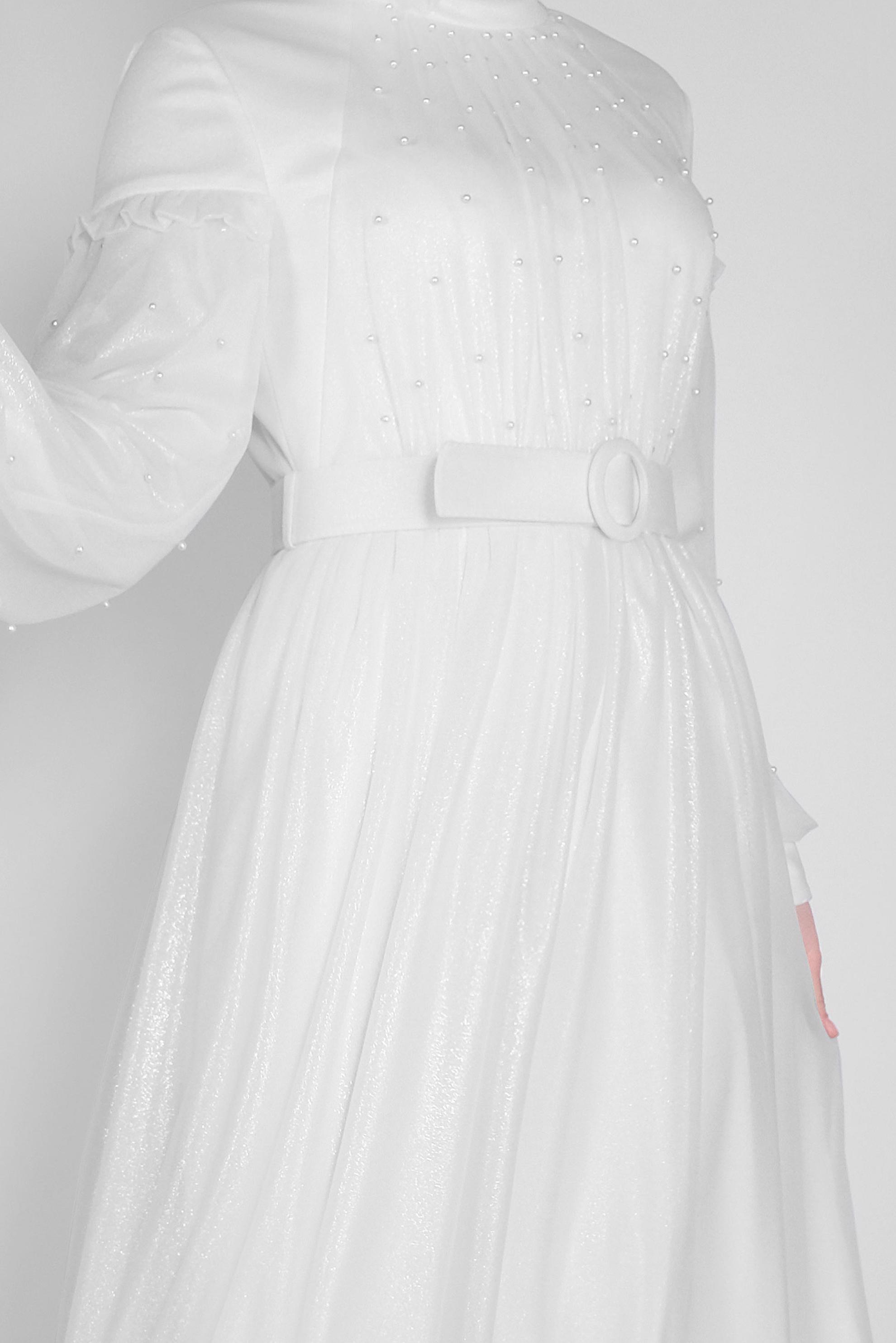 Hijab clothing WHITE PEARL DETAIL RUFFLED EVENING DRESS 50122 