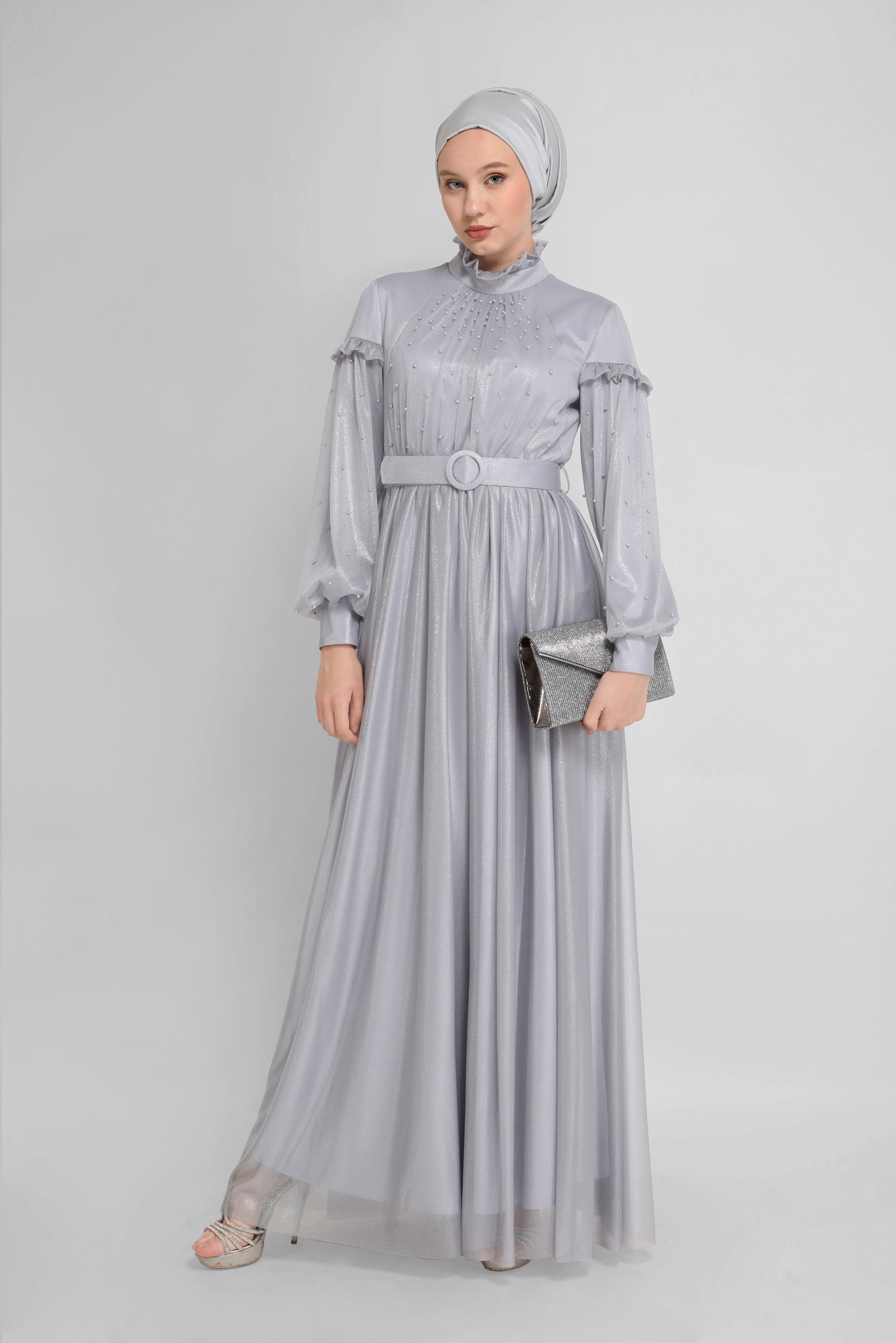 Hijab clothing GREY PEARL DETAIL RUFFLED EVENING DRESS 50122 