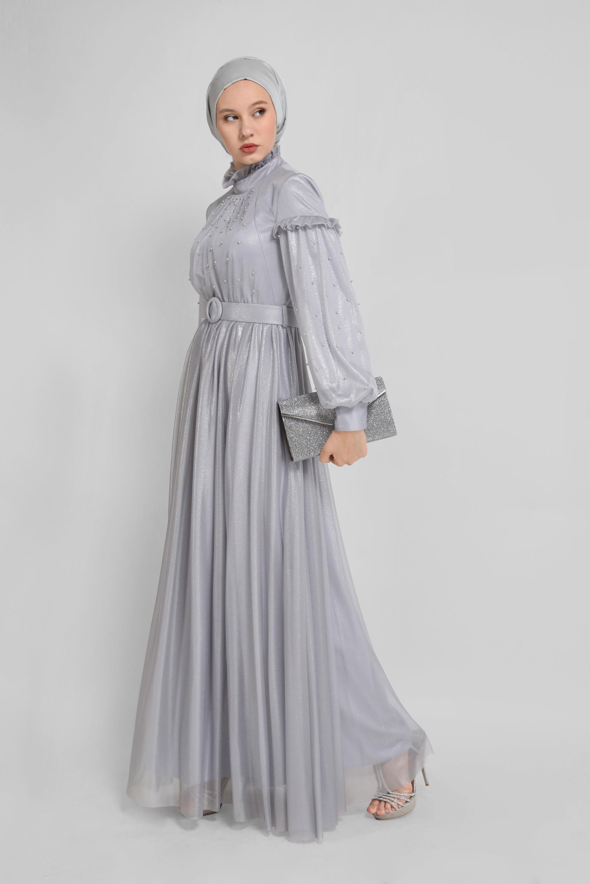 Hijab clothing GREY PEARL DETAIL RUFFLED EVENING DRESS 50122 