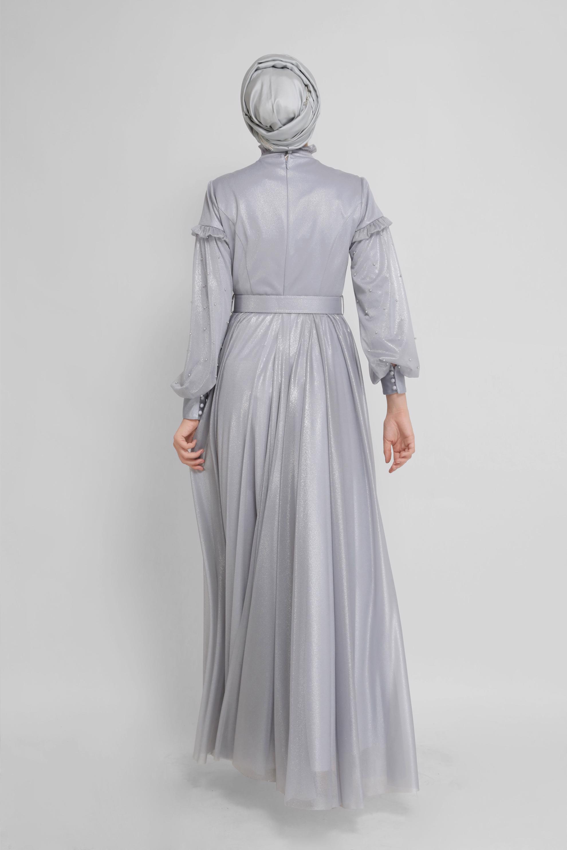 Hijab clothing GREY PEARL DETAIL RUFFLED EVENING DRESS 50122 