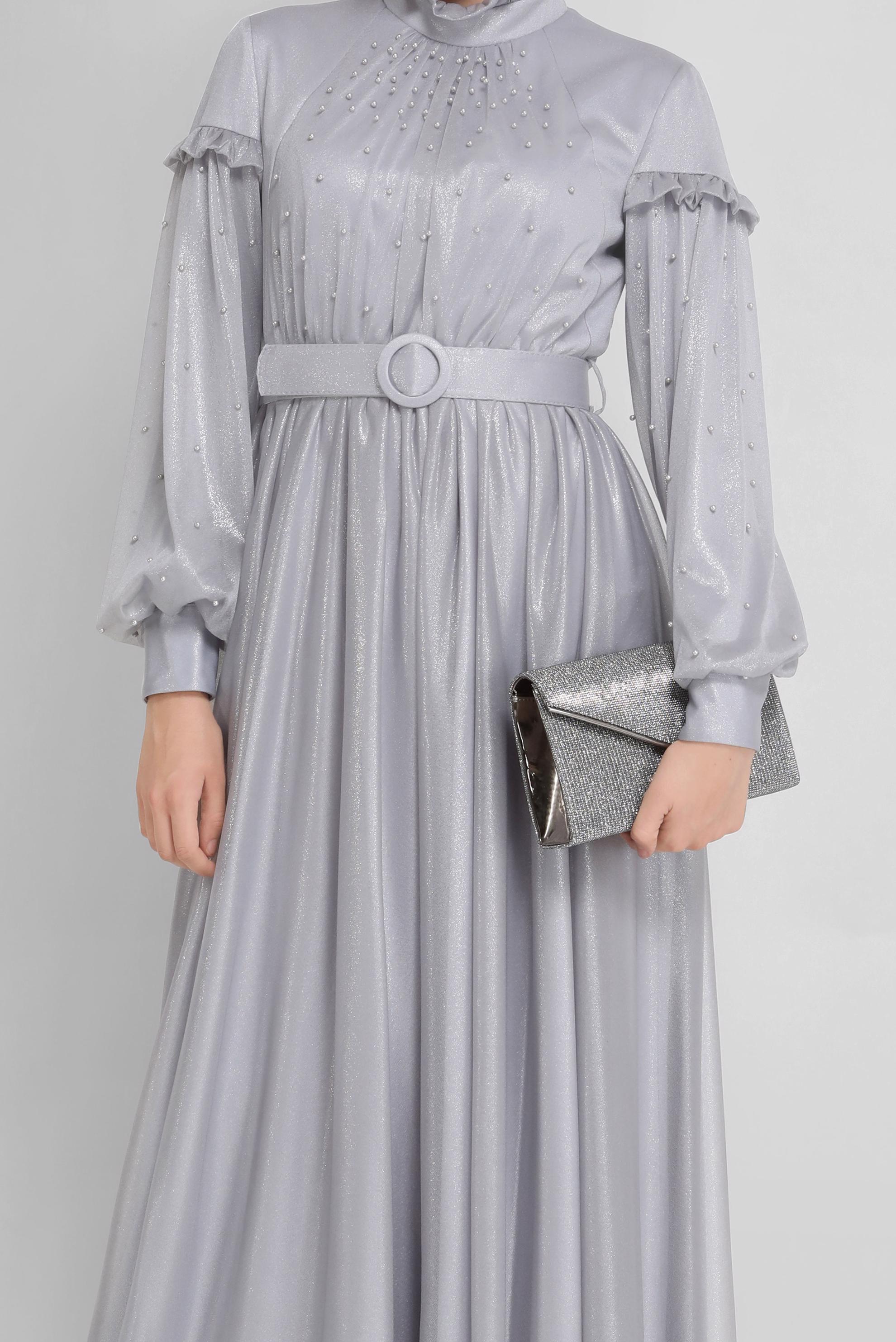 Hijab clothing GREY PEARL DETAIL RUFFLED EVENING DRESS 50122 