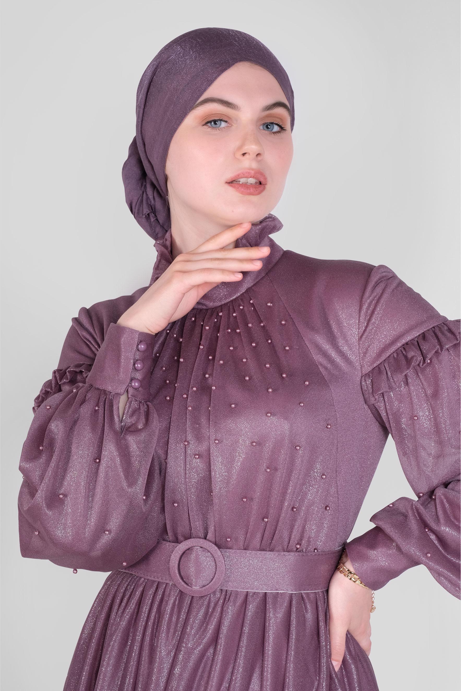Hijab clothing PURPLE PEARL DETAIL RUFFLED EVENING DRESS 50122 