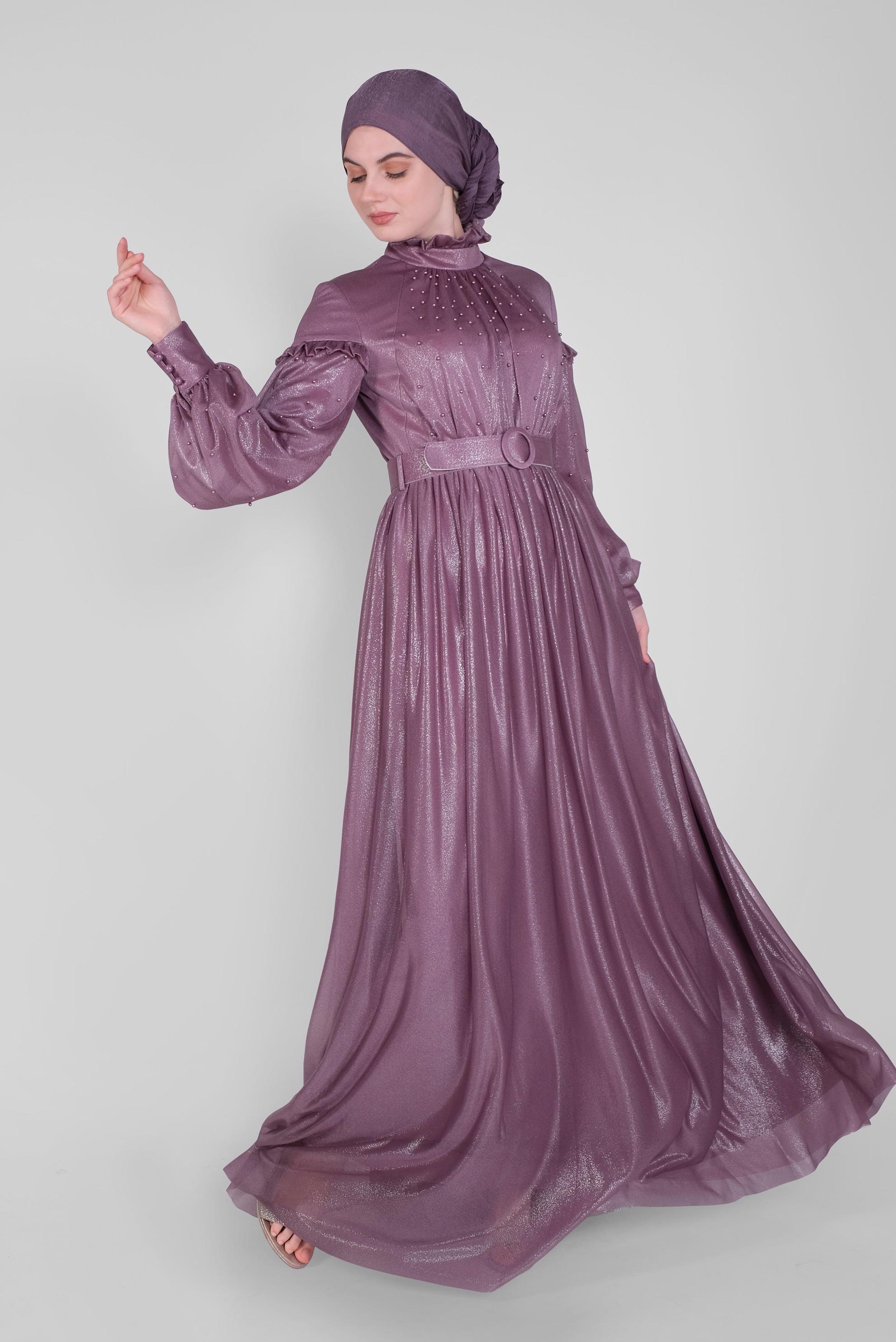 Hijab clothing PURPLE PEARL DETAIL RUFFLED EVENING DRESS 50122 