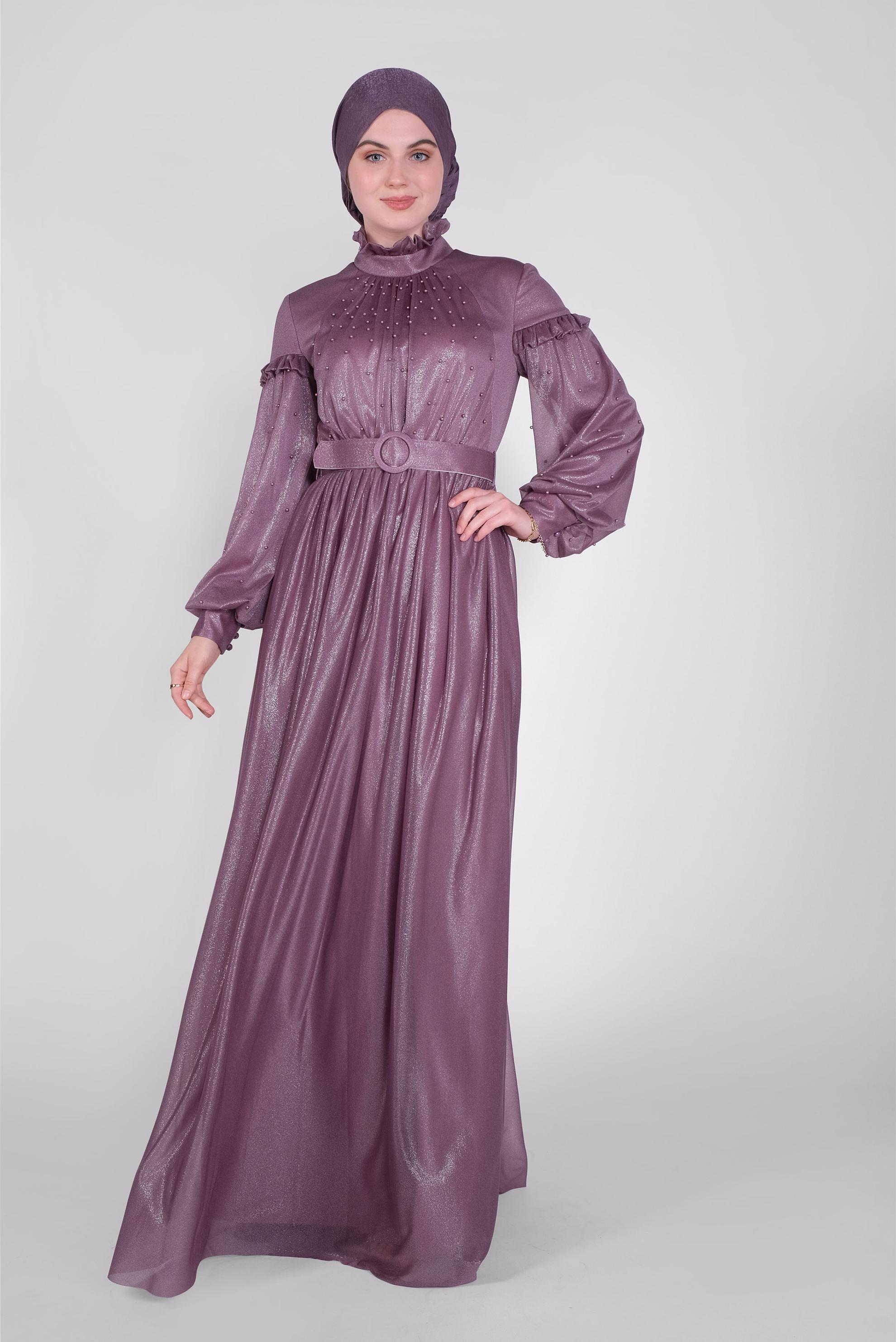 Hijab clothing PURPLE PEARL DETAIL RUFFLED EVENING DRESS 50122 