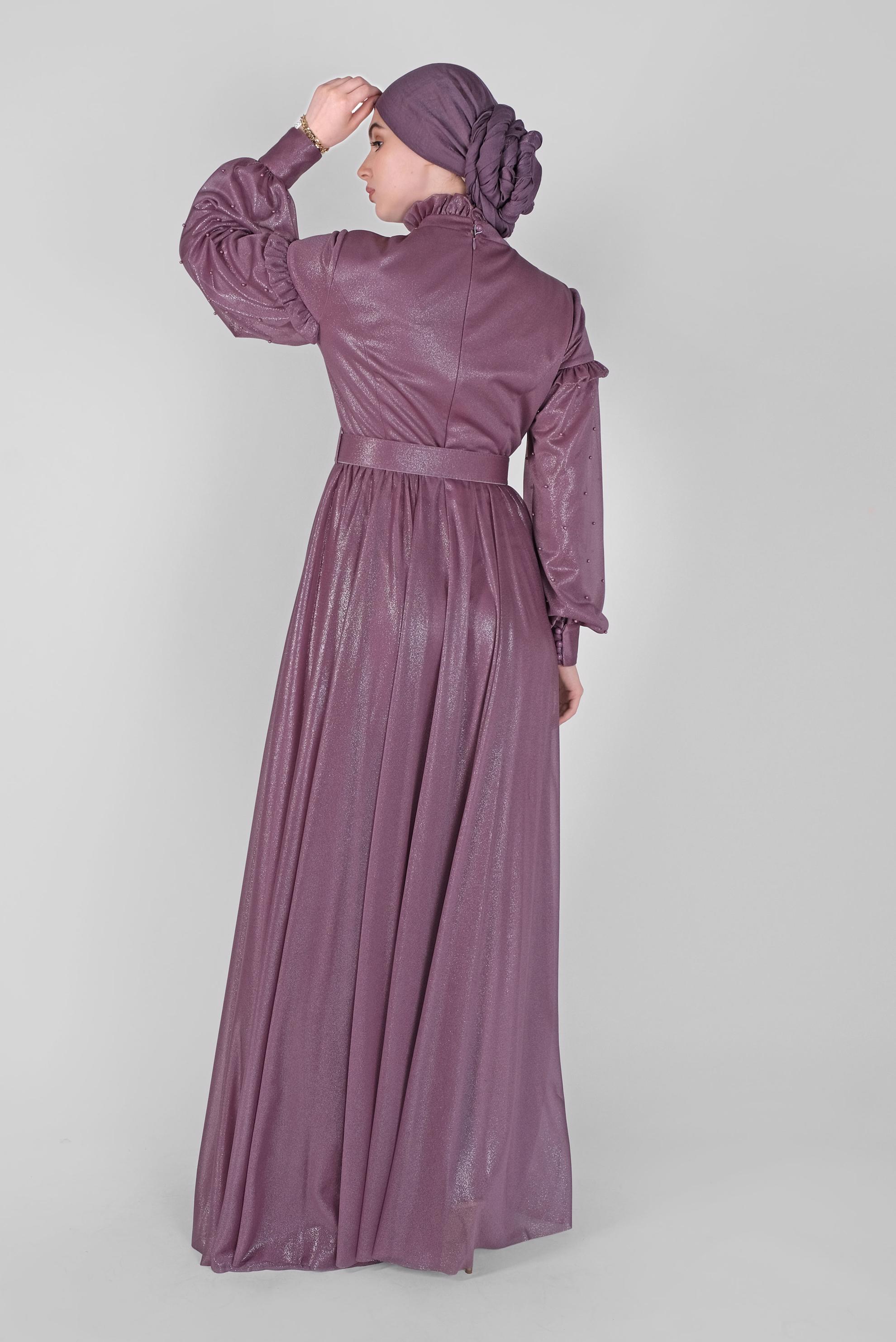Hijab clothing PURPLE PEARL DETAIL RUFFLED EVENING DRESS 50122 