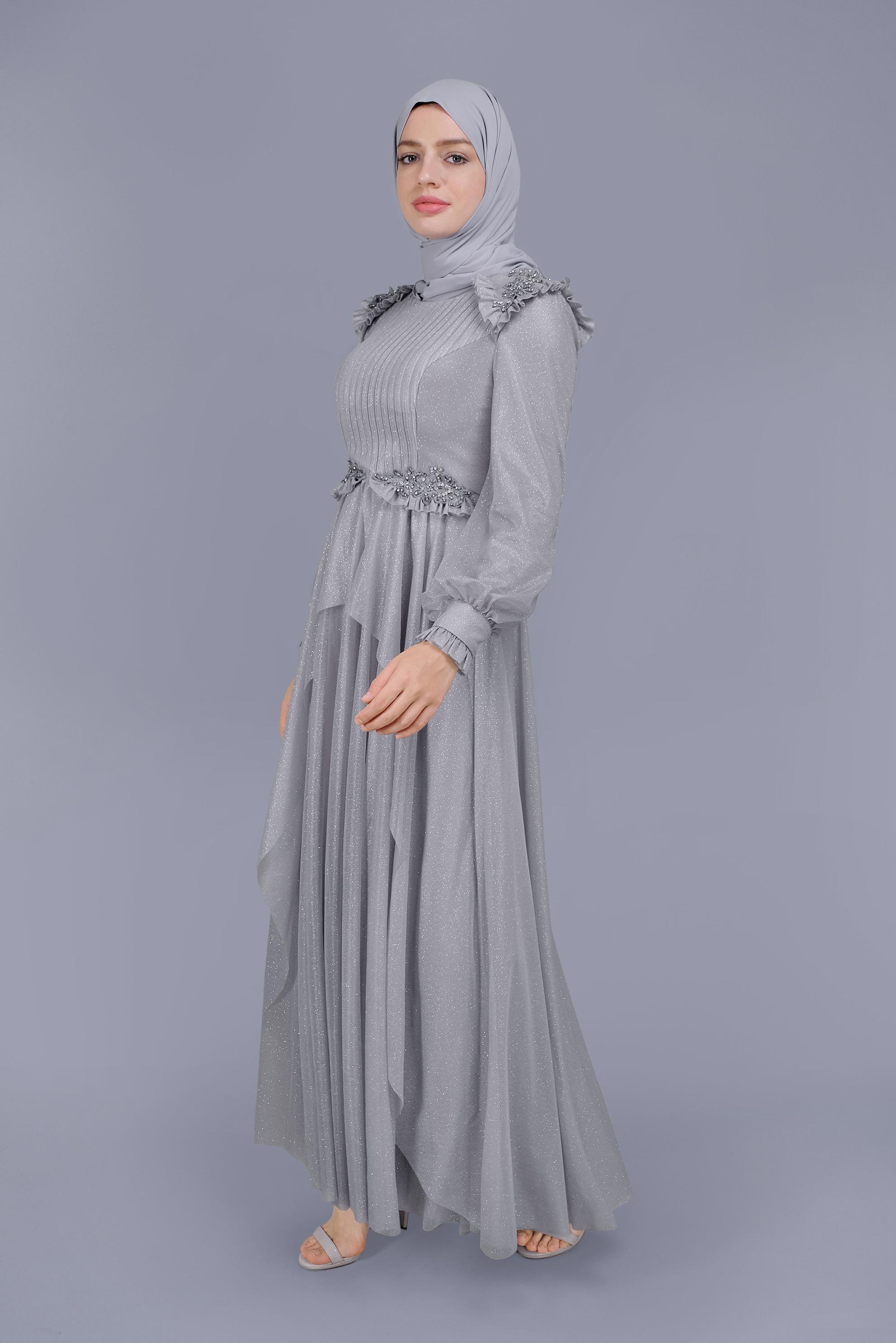Tesettür giyim GRİ BONCUK İŞLEMELİ SİMLİ ABİYE ELBİSE 50123	