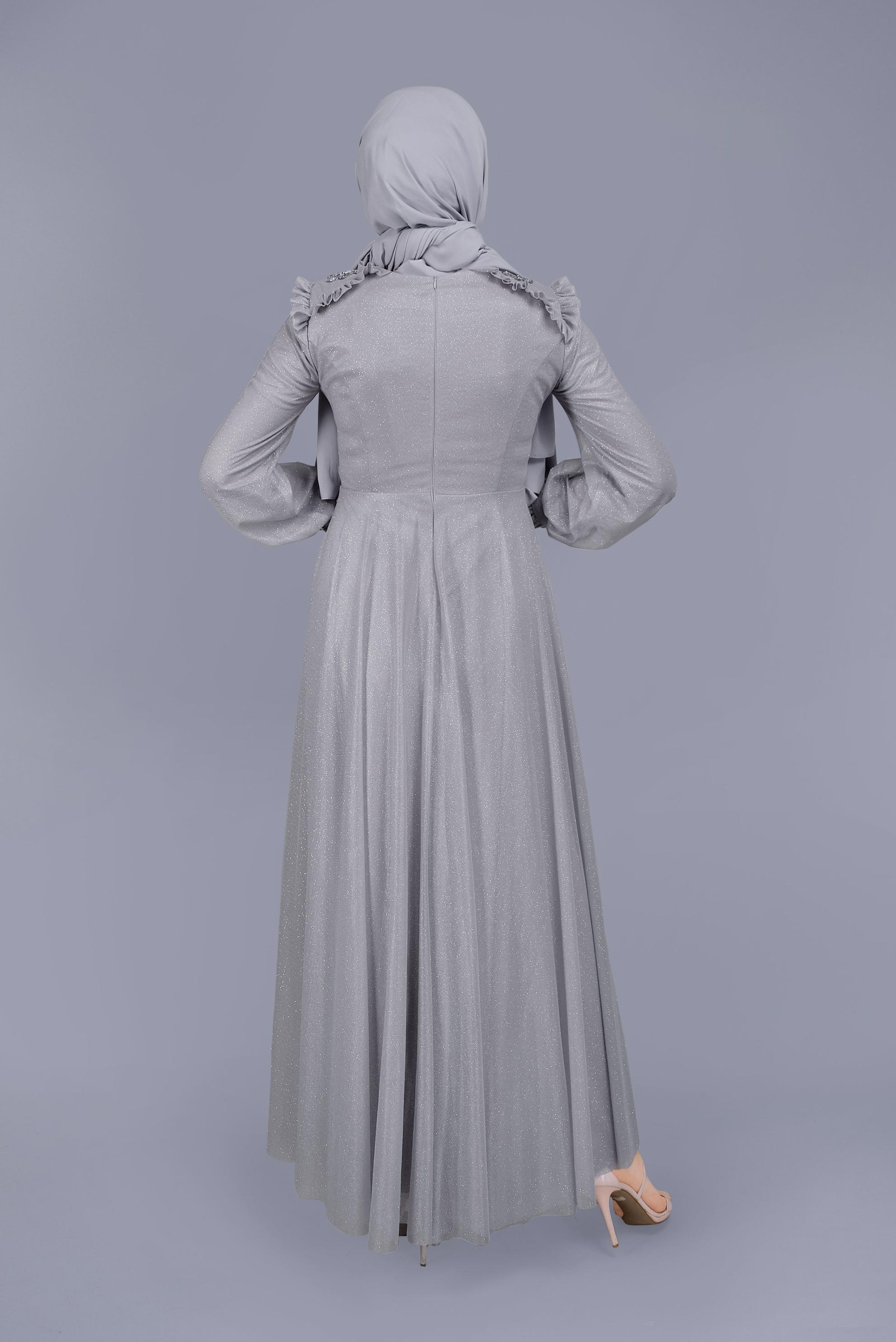 Tesettür giyim GRİ BONCUK İŞLEMELİ SİMLİ ABİYE ELBİSE 50123	