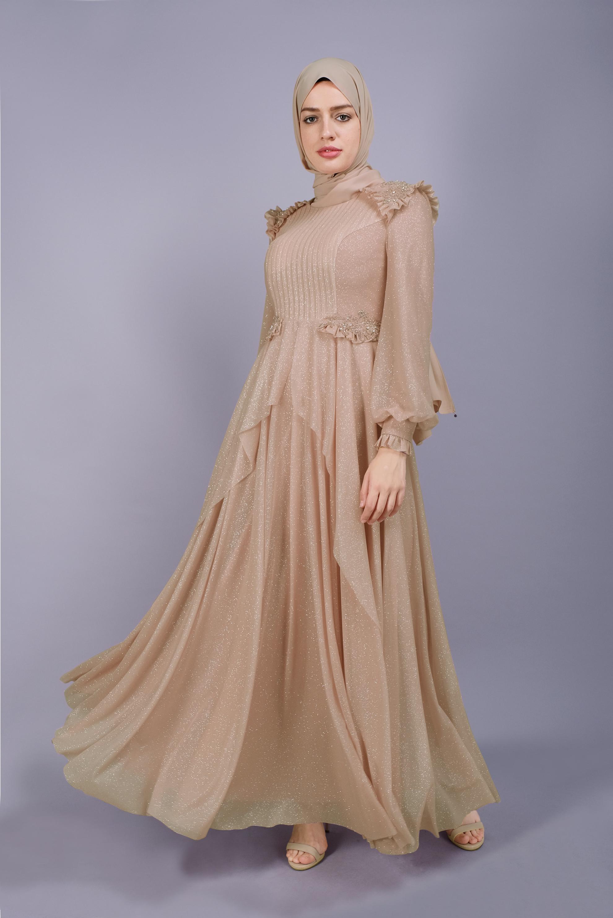 Tesettür giyim ALTIN BONCUK İŞLEMELİ SİMLİ ABİYE ELBİSE 50123	