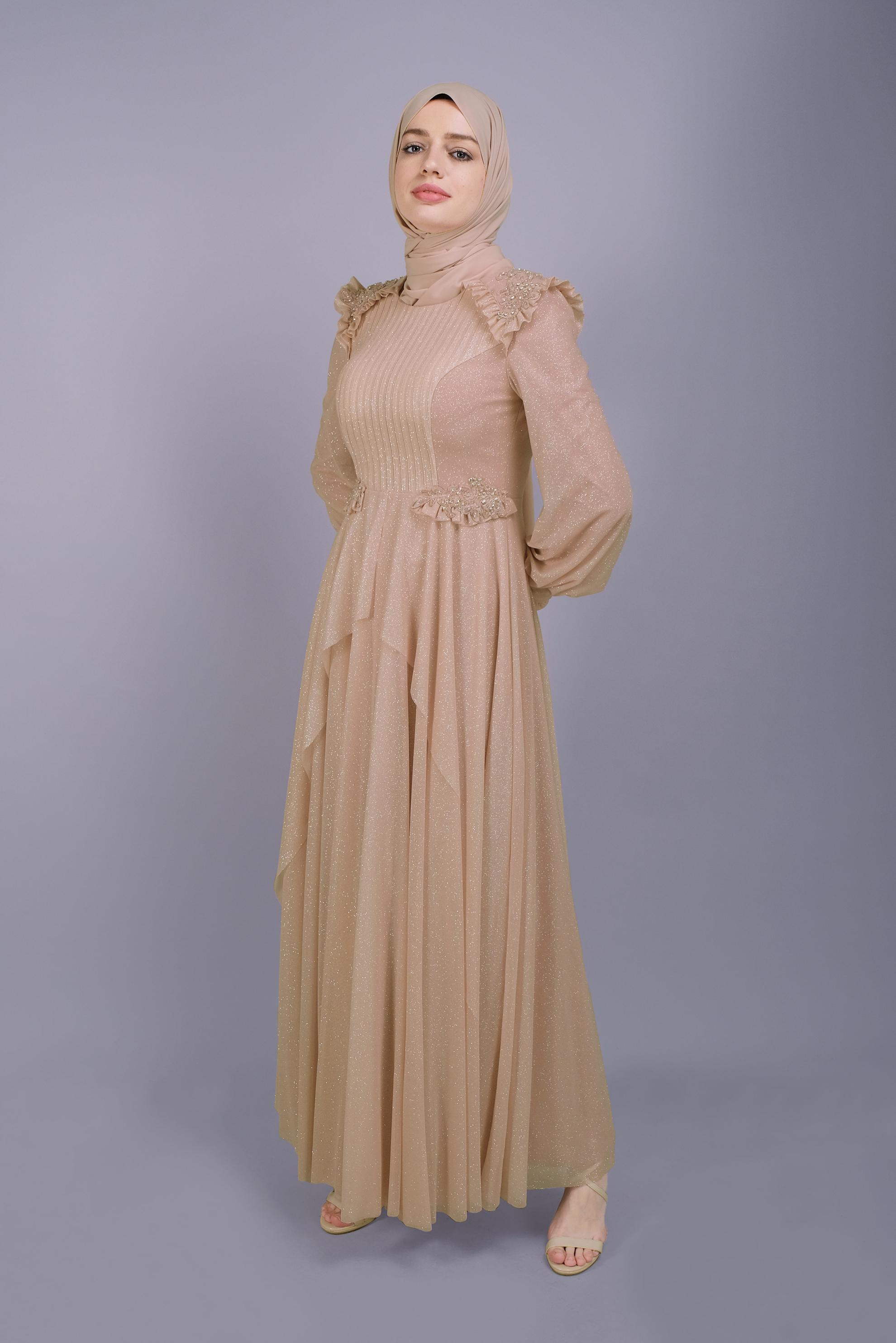 Tesettür giyim ALTIN BONCUK İŞLEMELİ SİMLİ ABİYE ELBİSE 50123	