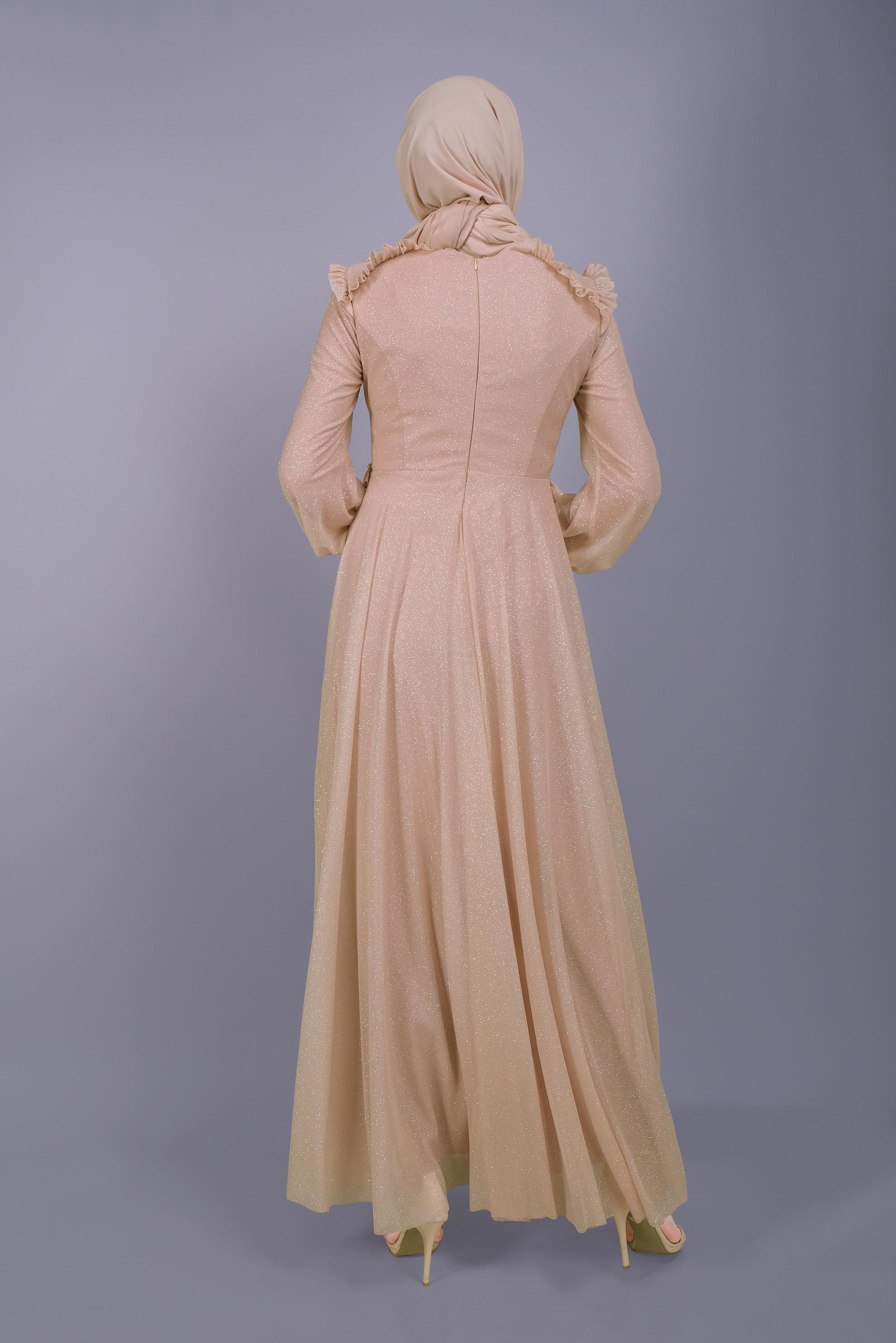 Tesettür giyim ALTIN BONCUK İŞLEMELİ SİMLİ ABİYE ELBİSE 50123	