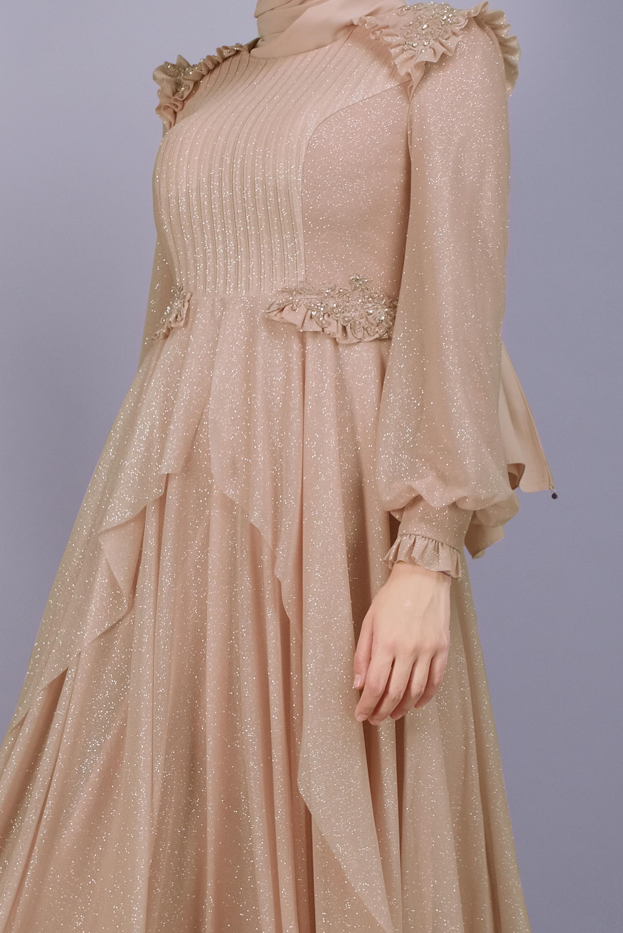 Tesettür giyim ALTIN BONCUK İŞLEMELİ SİMLİ ABİYE ELBİSE 50123	