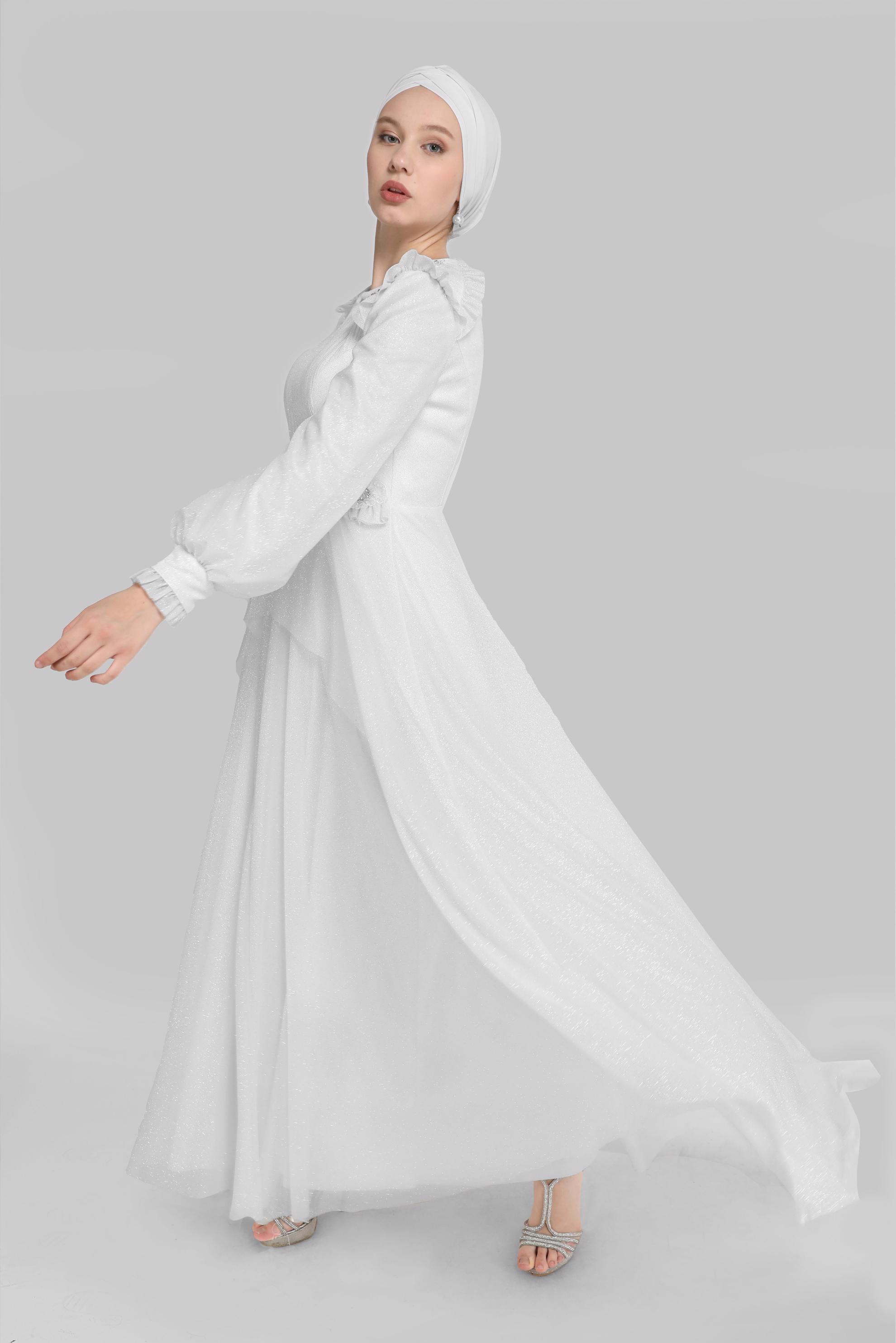 Hijab clothing WHITE BEADED SILVERY EVENING DRESS 50123 