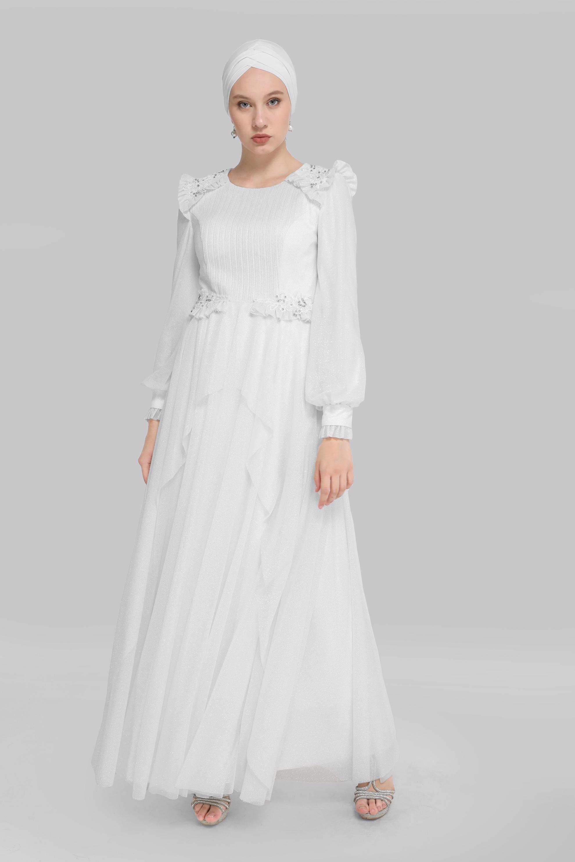 Hijab clothing WHITE BEADED SILVERY EVENING DRESS 50123 