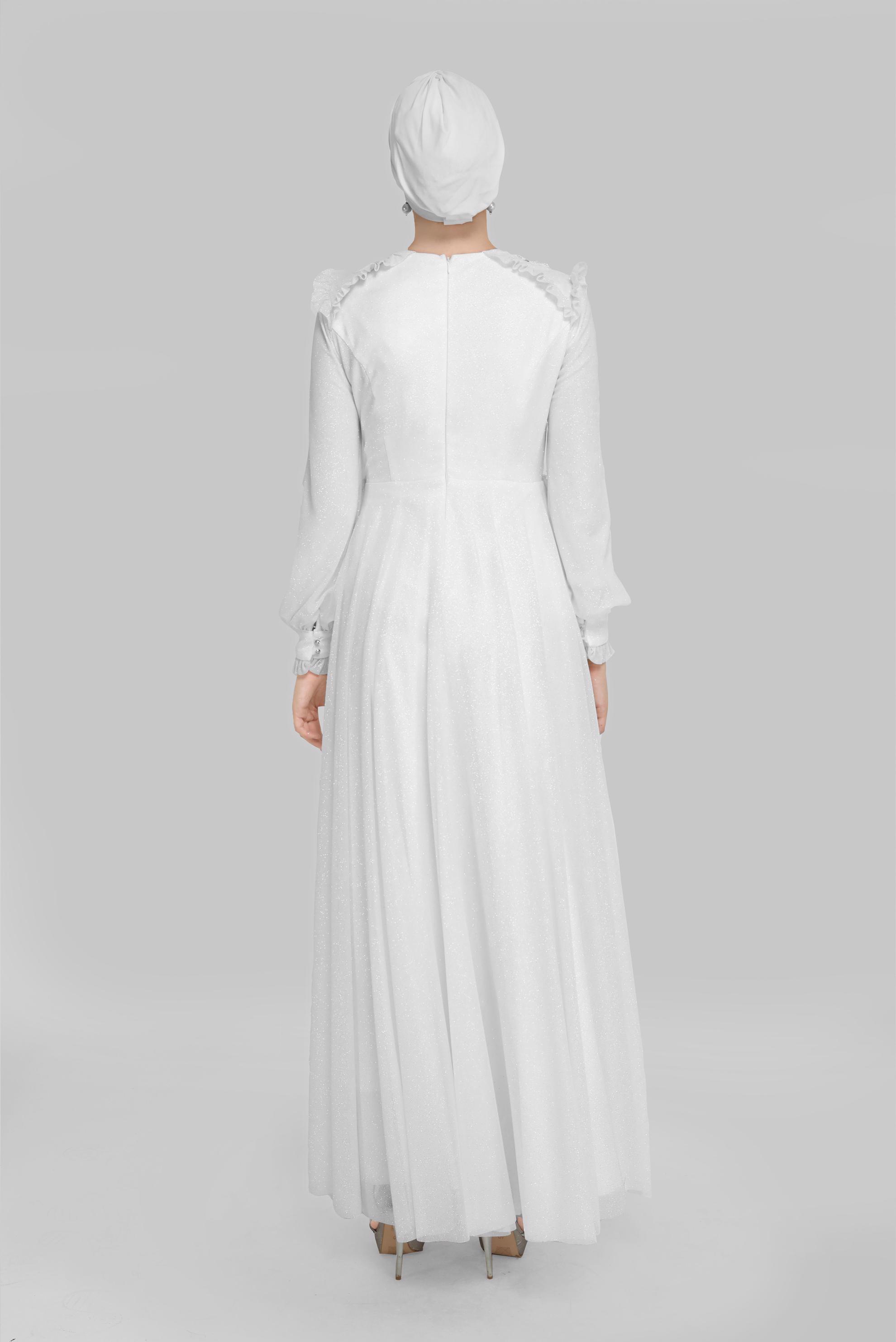 Hijab clothing WHITE BEADED SILVERY EVENING DRESS 50123 