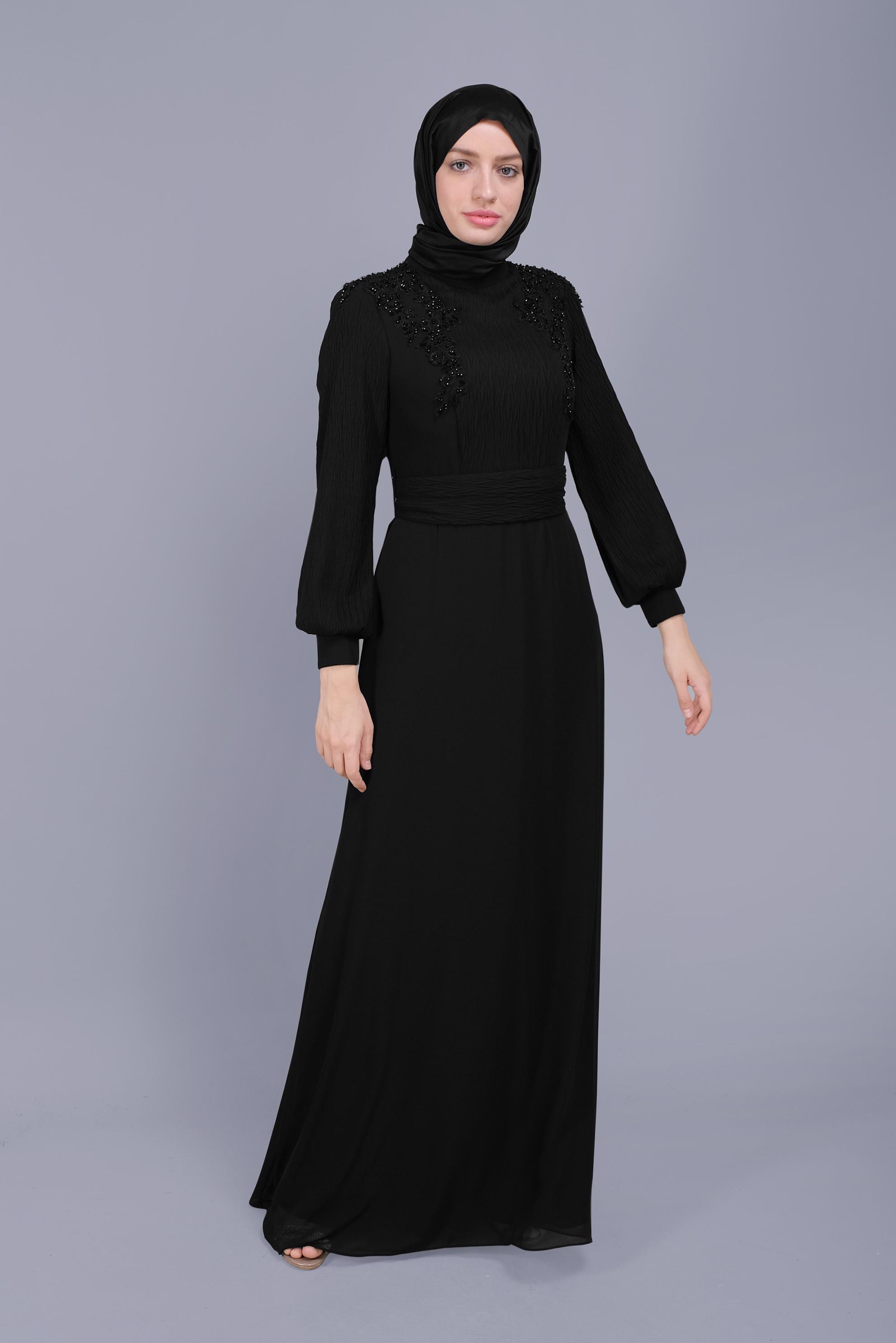Hijab clothing BLACK EMBROIDERED CHIFFON EVENING DRESS 50125 