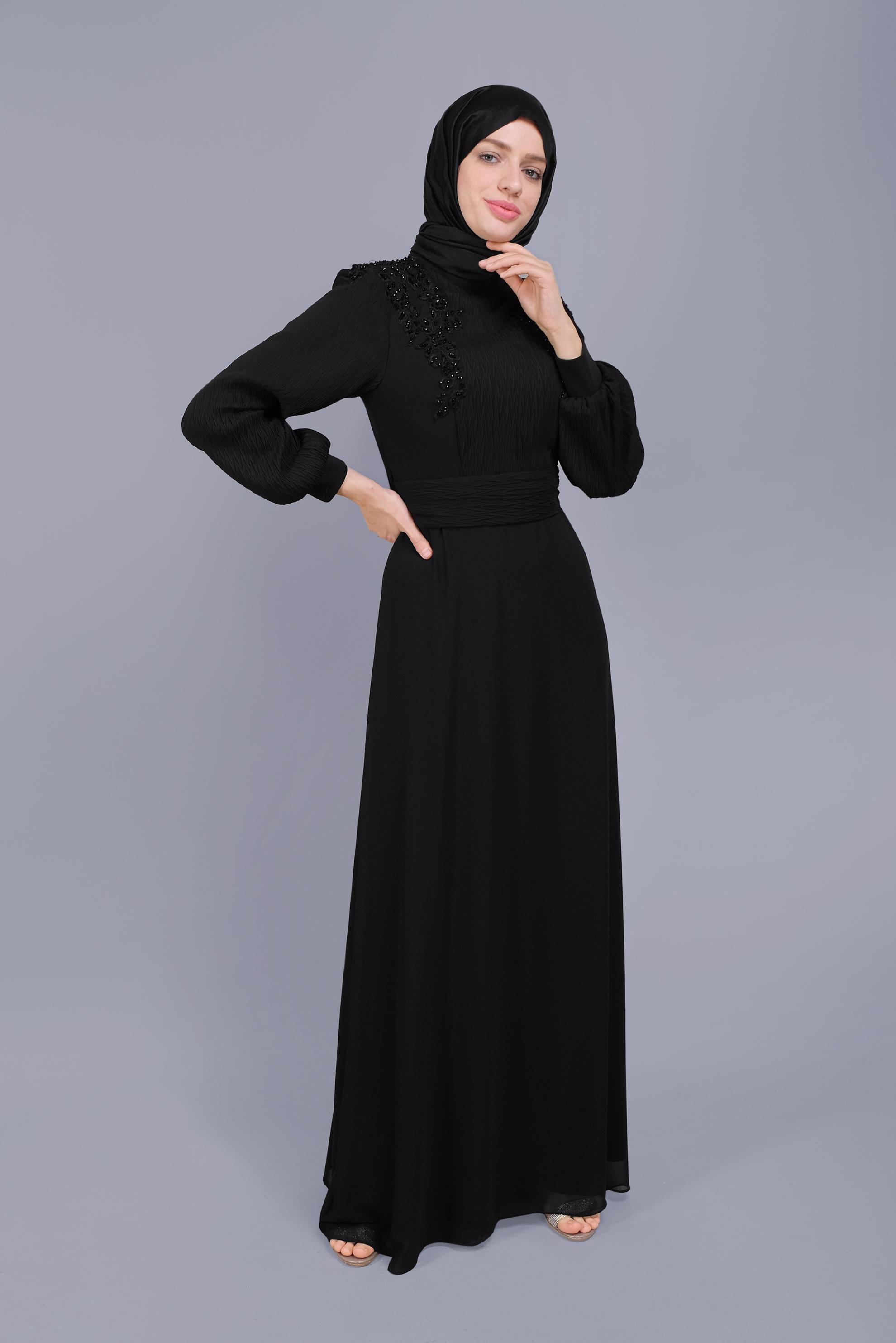 Hijab clothing BLACK EMBROIDERED CHIFFON EVENING DRESS 50125 