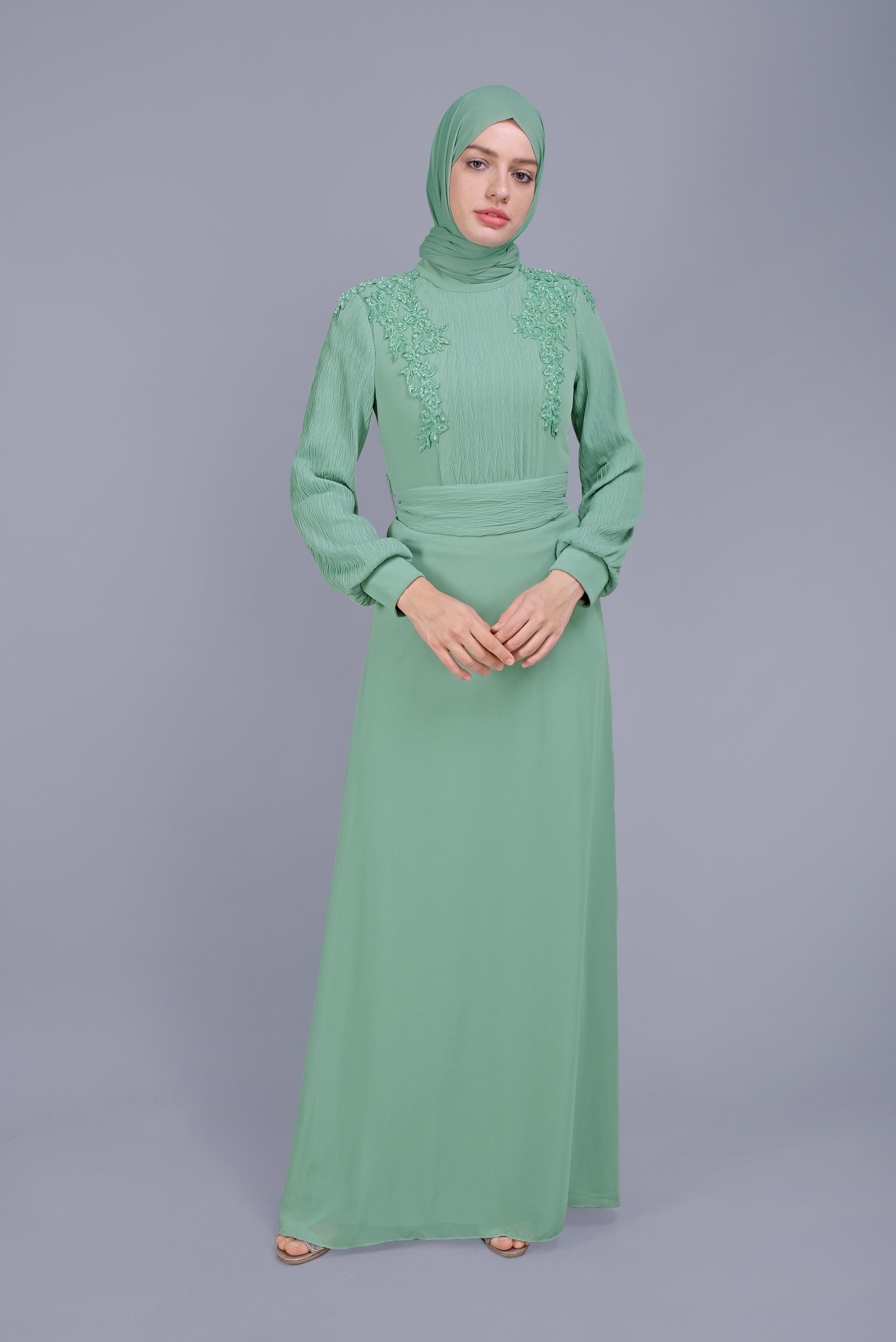 Hijab clothing GREEN EMBROIDERED CHIFFON EVENING DRESS 50125 