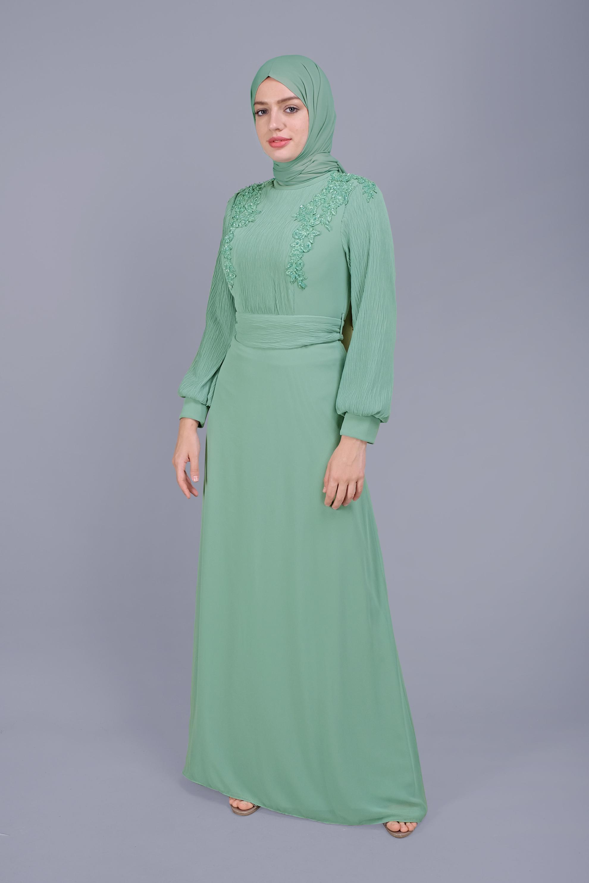 Hijab clothing GREEN EMBROIDERED CHIFFON EVENING DRESS 50125 
