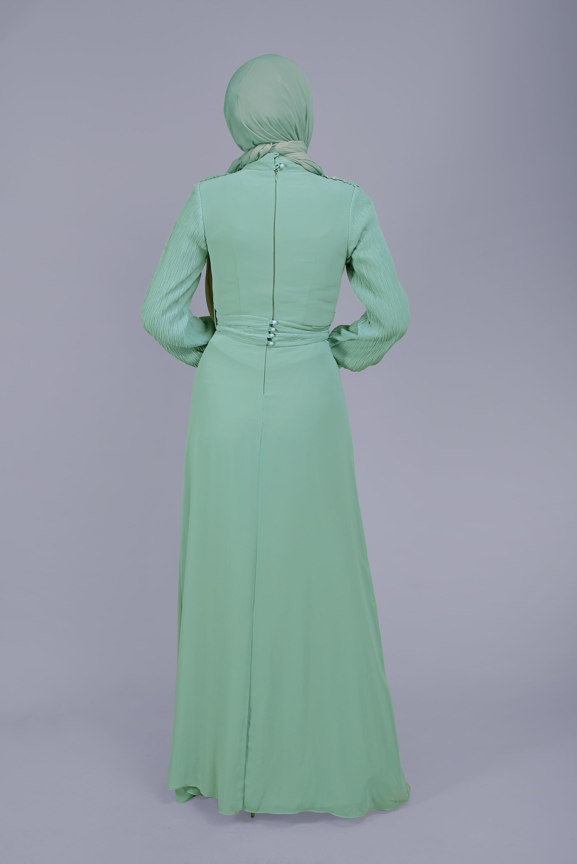 Hijab clothing GREEN EMBROIDERED CHIFFON EVENING DRESS 50125 