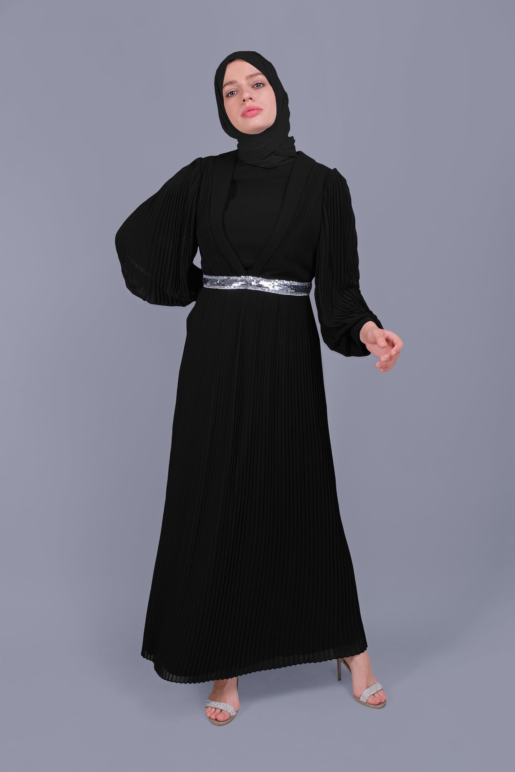 Hijab clothing BLACK SEQUINED CHIFFON EVENING DRESS 50126 