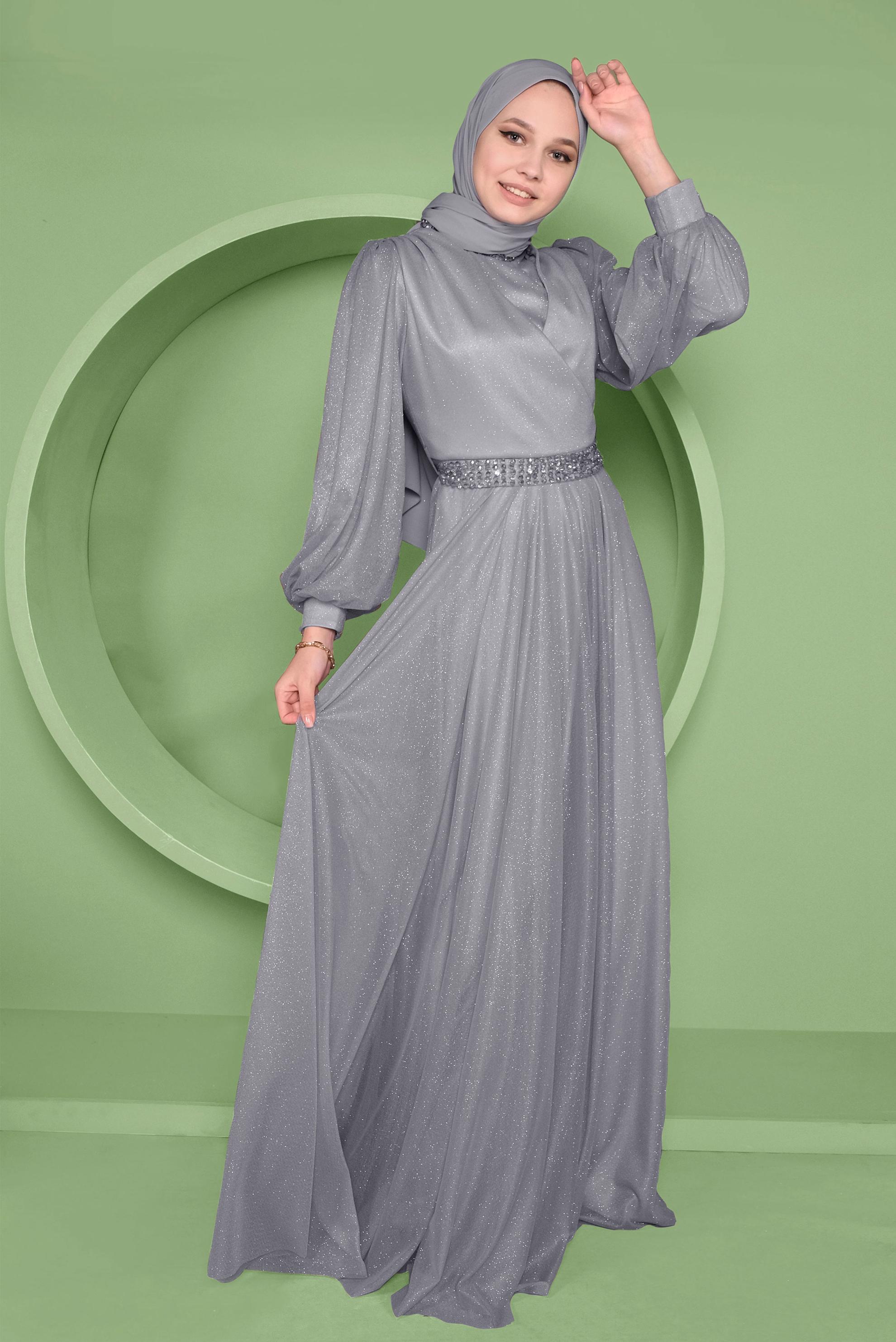 Tesettür giyim GRİ SİMLİ ABİYE ELBİSE 50127