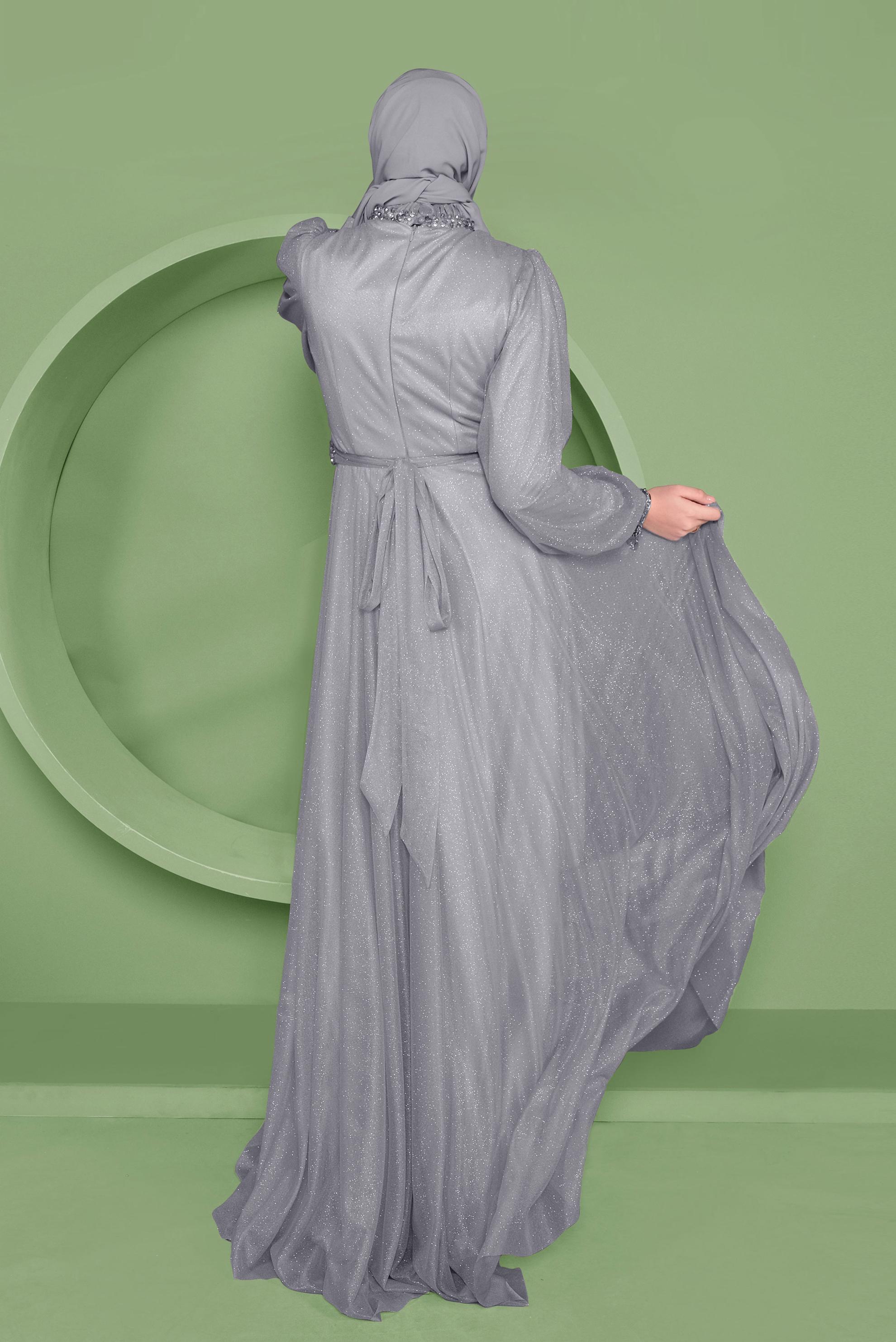 Tesettür giyim GRİ SİMLİ ABİYE ELBİSE 50127